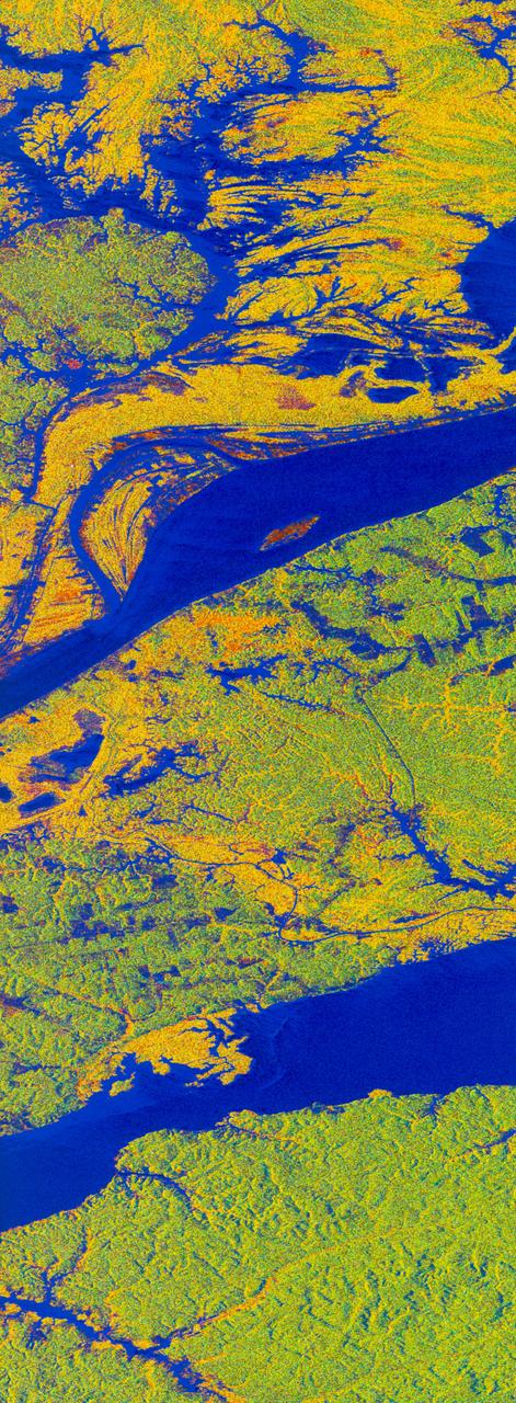 STS059-S-068 (13 April 1994) --- This false-color L-Band image of the Manaus region of Brazil was acquired by the Spaceborne Imaging Radar-C and X-Band Synthetic Aperture Radar (SIR-C/X-SAR) aboard the Space Shuttle Endeavour on orbit 46 of the mission.  The area shown is approximately 8 kilometers by 40 kilometers (5 by 25 miles).  At the top of the image are the Solimoes and Rio Negro Rivers just before they combine at Manaus to form the Amazon River.  The image is centered at about 3 degrees south latitude, and 61 degrees west longitude.  The false colors are created by displaying three L-Band polarization channels; red areas correspond to high backscatter at HH polarization, while green areas exhibit high backscatter at HV polarization.  Blue areas show low returns at VV polarization; hence the bright blue colors of the smooth river surfaces.  Using this color scheme, green areas in the image are heavily forested, while blue areas are either cleared forest or open water.  The yellow and red areas are flooded forest.  Between Rio Solimoes and Rio Negro a road can be seen running from some cleared areas (visible as blue rectangles north of Rio Solimoes) north towards a tributary of Rio Negro.   SIR-C/X-SAR is part of NASA's Mission to Planet Earth (MTPE).  SIR-C/X-SAR radars illuminate Earth with microwaves allowing detailed observations at any time, regardless of weather or sunlight conditions.  SIR-C/X-SAR uses three microwave wavelengths: L-Band (24 cm), C-Band (6 cm), and X-Band (3 cm).  The multi-frequency data will be used by the international scientific community to better understand the global environment and how it is changing.  The SIR-C/X-SAR data, complemented by aircraft and ground studies, will give scientists clearer insights into those environmental changes which are caused by nature and those changes which are induced by human activity.  SIR-C was developed by NASA's Jet Propulsion Laboratory (JPL).  X-SAR was developed by the Dornire and Alenia Spazio Companies for the German Space Agency, Deutsche Agentur fuer Raumfahrtangelegenheiten (DARA), and the Italian Space Agency, Agenzia Spaziale Italiana (ASI).    JPL Photo ID: P-43895