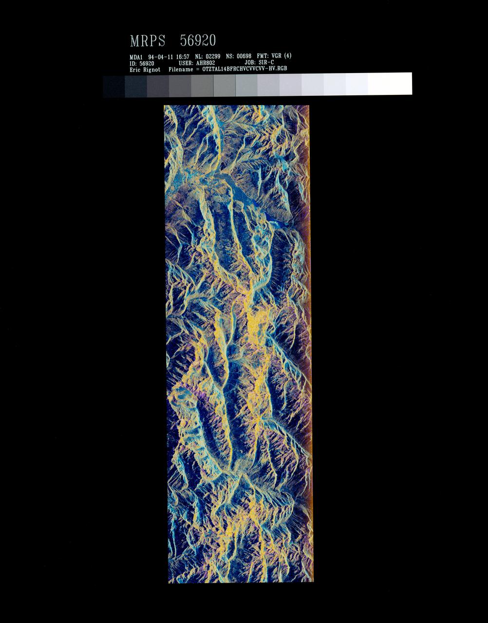 STS059-S-072 (13 April 1994) --- This image is a false-color composite of Oetztal, Austria located in the Central Alps, centered at 46.8 degrees north latitude, and 10.70 degrees east longitude, at the border between Switzerland (top), Italy (left) and Austria (right and bottom).  The area shown is 50 kilometers (30 miles) south of Innsbruck, Austria.  This image was acquired by the Spaceborne Imaging Radar-C and X-Band Synthetic Aperture Radar (SIR-C/X-SAR) aboard the Space Shuttle Endeavour on its 14th orbit.  Oetztal is a SIR-C/X-SAR hydrology supersite.  Approximately one quarter of this image is covered by glaciers, the largest of which, Gepatschferner, is visible as a triangular yellow patch in the center of the scene.  The summits of the main peaks reach elevations between 3,500 and 3,768 meters (11,500 and 12,362 feet) above sea level.  The tongues of the glaciers are descending from elevated plateaus down into narrow valleys which were formed during the last ice age.  This color image was produced in C-Band using multi-polarization information (Red=CHV, Green=CVV, Blue=CVV/CHV).  The blue areas are lakes (Gepatsch Dam at center right; Lake Muta at top right) and glacier ice.  The yellow areas are slopes facing the radar and areas of dry snow.  Purple corresponds to slopes facing away from the radar.  Yellow in the valley bottom corresponds to tree covered areas.  There is 30 to 50 centimeters (12 to 20 inches) of dry, fresh snow on the glaciers, and about 10 centimeters (4 inches) in the valley at the city of Vent, Austria (center).  At these data were taken, the weather was cold, with snow and thick fog.  The entire area would appear white to an optical sensor because it is all covered under a winter snowpack.  Researchers are interested in Oetztal because knowing how glaciers shrink and grow over time is an important indication of climatic change.  SIR-C/X-SAR is part of NASA's Mission to Planet Earth (MTPE).  SIR-C/X-SAR radars illuminate Earth with microwaves allowing detailed observations at any time, regardless of weather or sunlight conditions.  SIR-C/X-SAR uses three microwave wavelengths: L-Band (24 cm), C-Band (6 cm), and X-Band (3 cm).  The multi-frequency data will be used by the international scientific community to better understand the global environment and how it is changing.  The SIR-C/X-SAR data, complemented by aircraft and ground studies, will give scientists clearer insights into those environmental changes which are caused by nature and those changes which are induced by human activity.  SIR-C was developed by NASA's Jet Propulsion Laboratory (JPL).  X-SAR was developed by the Dornire and Alenia Spazio Companies for the German Space Agency, Deutsche Agentur fuer Raumfahrtangelegenheiten (DARA), and the Italian Space Agency, Agenzia Spaziale Italiana (ASI).    JPL Photo ID: P-43890