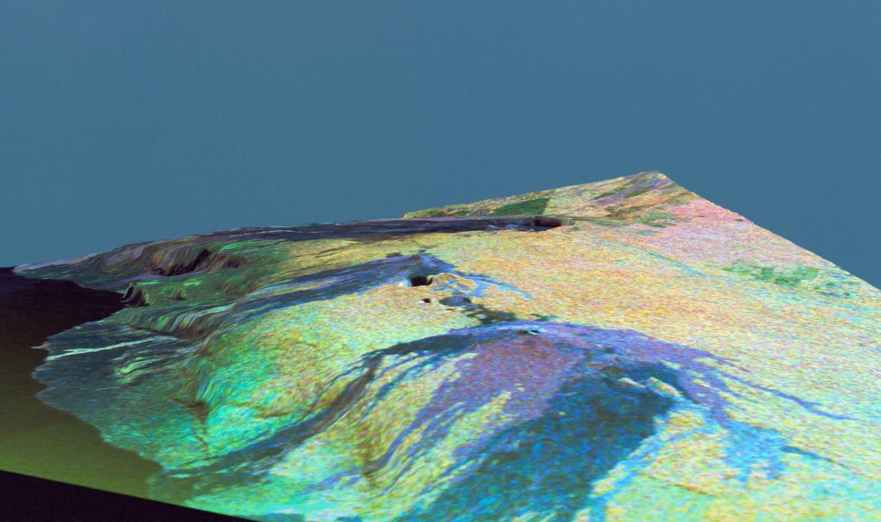 This is a three dimensional perspective view of false-color image of the eastern part of the Big Island of Hawaii. It was produced using all three radar frequencies C-Band and L-Band. This view was constructed by overlaying a SIR-C radar image on a U.S. Geological Survey digital elevation map. The image was acquired on April 12, 1994 during the 52nd orbit of the Shuttle Endeavour by the Spaceborne Imaging Radar-C and X-Band Synthetic Aperture Radar (SIR-C/X-SAR). The area shown is approximately 34 by 57 kilomters with the top of the image pointing toward north-west. The image is centered at about 155.25 degrees west longitude and 19.5 degrees north latitude. Visible in the center of the image in blue are the summit crater (Kilauea Caidera) which contains the smaller Halemaumau Crater, and the line of collapsed craters below them that form the Chain of Craters Road. The rain forest appears bright in the image while green areas correspond to lower vegetation. The lava flows have different colors depending on their types and are easily recognizable due to their shapes. The flows at the top of the image originated from the Muana Loa volcano. The Jet Propulsion Laboratory alternative photo number is P-43932.
