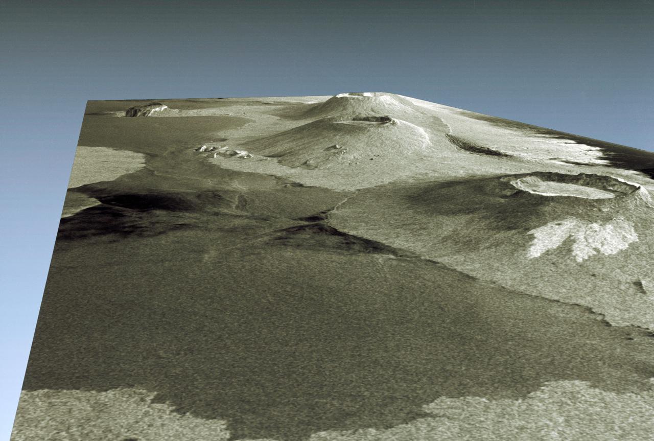 STS059-S-085 (18 April 1994) --- This is a three-dimensional perspective view of part of Isla Isabela in the western Galapagos Islands.  It was taken by the L-Band radar in HH polarization from the Spaceborne Imaging Radar-C and X-Band Synthetic Aperture Radar (SIR-C/X-SAR) on the 40th orbit of the Space Shuttle Endeavour.  This view was constructed by overlaying a SIR-C radar image on a U.S. Geological Survey digital elevation map.  The image is centered at about .5 degrees south latitude and 91 degrees west longitude, and covers an area of 75 by 60 kilometers.  The radar incidence angle at the center of the image is about 20 degrees.  The western Galapagos Islands, which lie about 1200 kilometers west of Ecuador in the eastern Pacific, have six active volcanoes similar to the volcanoes found in Hawaii.  Since the time of Charles Darwin's visit to the area in 1835, there have been over 60 recorded eruptions on these volcanoes.  This SIR-C/X-SAR image of Alcedo and Sierra Negra volcanoes shows the rougher lava flows as bright features, while ash deposits and smooth pahoehoe lava flows appear dark.  The Galapagos Islands are one of the SIR-C/X-SAR supersites and data of this area will be taken several times during the flight to allow scientists to conduct topographic change studies and to search for different lava flow types, ash deposits and fault lines.  SIR-C/X-SAR is part of NASA's Mission to Planet Earth (MTPE).  SIR-C/X-SAR radars illuminate Earth with microwaves allowing detailed observations at any time, regardless of weather or sunlight conditions.  SIR-C/X-SAR uses three microwave wavelengths: L-Band (24 cm), C-Band (6 cm), and X-Band (3 cm).  The multi-frequency data will be used by the international scientific community to better understand the global environment and how it is changing.  The SIR-C/X-SAR data, complemented by aircraft and ground studies, will give scientists clearer insights into those environmental changes which are caused by nature and those changes which are induced by human activity.  SIR-C was developed by NASA's Jet Propulsion Laboratory (JPL).  X-SAR was developed by the Dornire and Alenia Spazio Companies for the German Space Agency, Deutsche Agentur fuer Raumfahrtangelegenheiten (DARA), and the Italian Space Agency, Agenzia Spaziale Italiana (ASI).    JPL Photo ID: P-43938