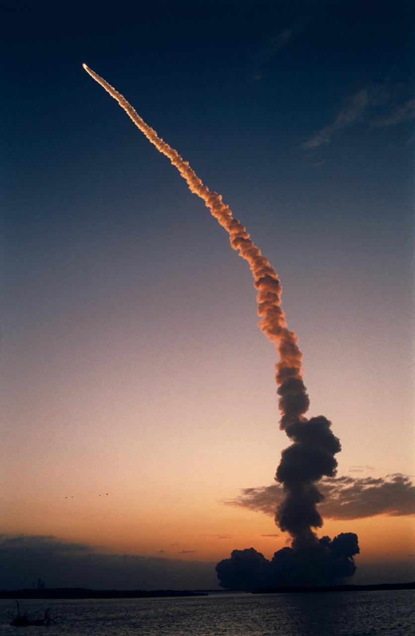 STS059-S-109 (9 April 1994) --- The Space Shuttle Endeavour heads for its sixth mission in space.  Liftoff occurred at 7:05 a.m. (EDT), April 9, 1994.  Onboard were astronauts Sidney M. Gutierrez, Kevin P. Chilton, Linda M. Godwin, Jerome (Jay) Apt, Michael R. (Rich) Clifford and Thomas D. Jones.  The photograph was taken by Karen Dillon of San Jose, California, who observed the liftoff from the NASA causeway.