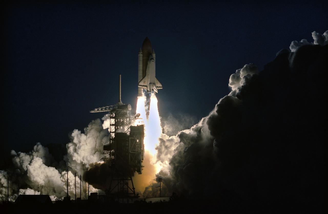 STS060-S-105 (3 Feb 1994) --- The Space Shuttle Discovery heads toward an eight-day mission in Earth orbit with five NASA astronauts and a Russian cosmonaut aboard.  Liftoff occurred as scheduled at 7:10 a.m. (EST), February 3, 1994.  Aboard the spacecraft were astronauts Charles F. Bolden Jr., commander; Kenneth S. Reightler Jr., pilot; Franklin R. Chang-Diaz, payload commander; and N. Jan Davis and Ronald M. Sega, mission specialists, along with Russian cosmonaut Sergei K. Krikalev, also a mission specialist.