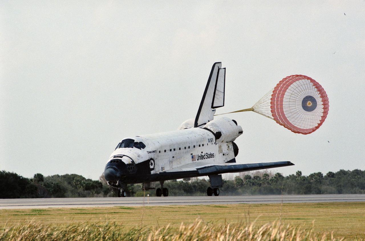 STS060-S-035 (11 Feb 1994) --- The drag chute for Space Shuttle Discovery is deployed on the Shuttle Landing Facility, marking an end to the eight-day STS-60 mission.  Landing occurred at 2:19:22 p.m. (EST).  Onboard were astronauts Charles F. Bolden Jr., Kenneth S. Reightler Jr., Franklin R. Chang-Diaz, N. Jan Davis and Ronald M. Sega along with Russian cosmonaut Sergei K. Krikalev.