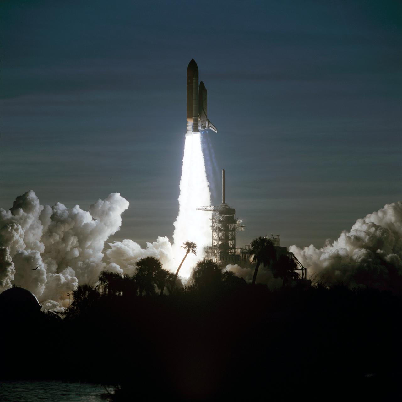 STS060-S-106 (3 Feb 1994) --- Palm trees are silhouetted in the foreground of this 70mm image as the Space Shuttle Discovery heads toward an eight-day mission in Earth orbit.  Liftoff occurred as scheduled at 7:10 a.m. (EST), February 3, 1994.  Aboard the spacecraft were astronauts Charles F. Bolden Jr., commander; Kenneth S. Reightler Jr., pilot; Franklin R. Chang-Diaz, payload commander; and N. Jan Davis and Ronald M. Sega, mission specialists, along with Russian cosmonaut Sergei K. Krikalev, also a mission specialist.
