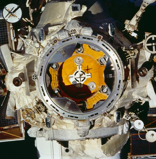 NASA image: Docking target on Mir space station as seen from Shuttle Discovery