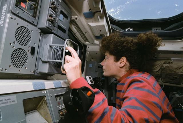 NASA image: Astronaut Susan Helms on aft flight deck with RMS controls