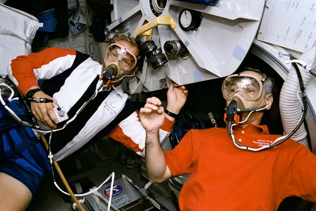NASA image: Astronauts Mark Lee and Carl Meade during pre-breathe for EVA