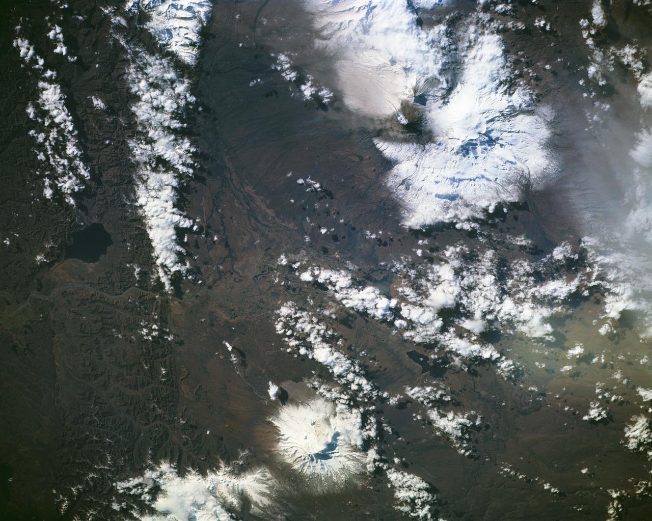 STS068-155-094 (30 September-11 October 1994) --- (Kliuchevskoi Volcano) The crewmembers used a Linhof large format Earth observation camera to photograph this nadir view of the Kamchatka peninsula's week-old volcano.  The eruption and the follow-up environmental activity was photographed from 115 nautical miles above Earth.  Six NASA astronauts spent a week and a half aboard the Space Shuttle Endeavour in support of the Space Radar Laboratory 2 (SRL-2) mission.