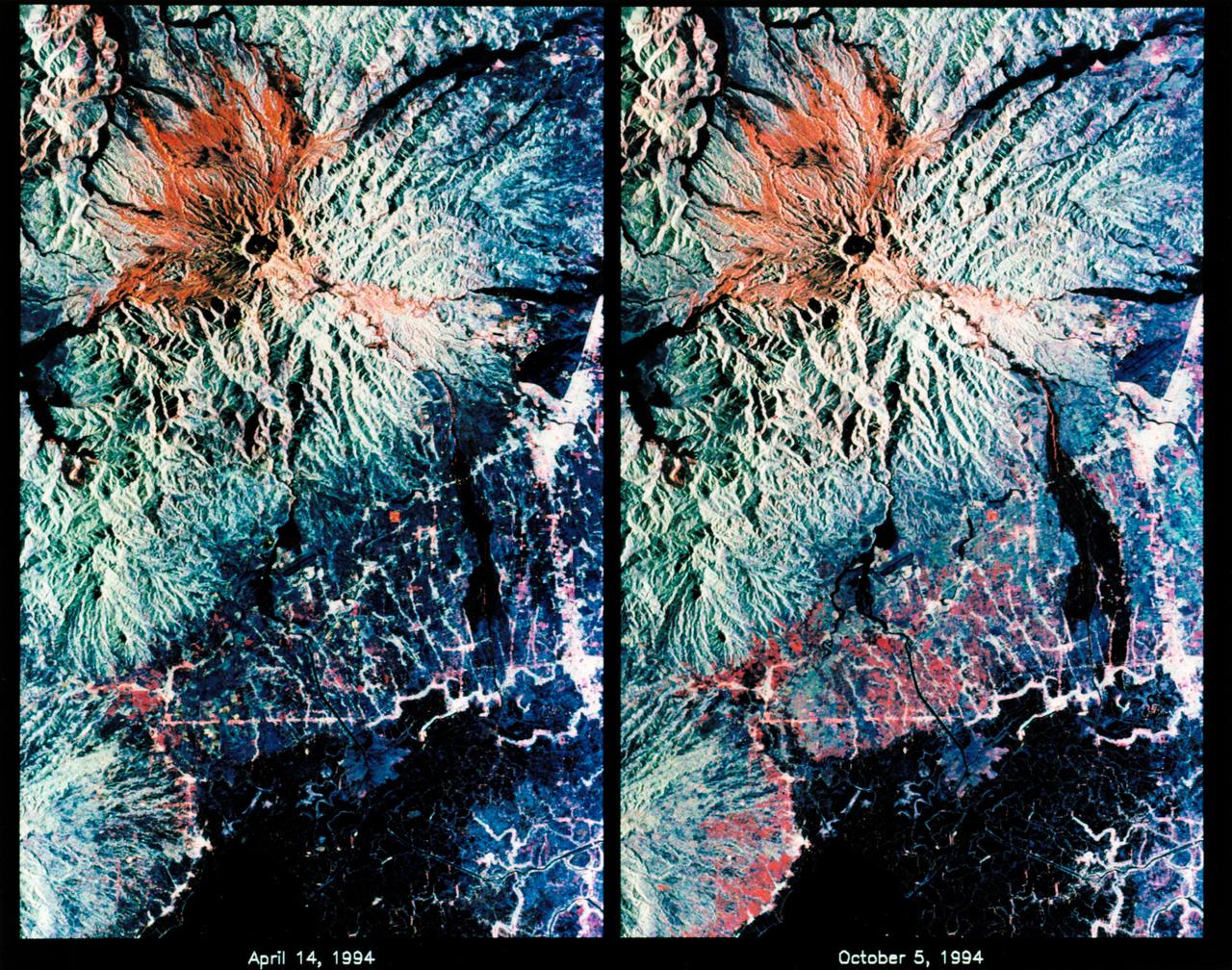STS068-S-053 (7 October 1994) --- These are color composite radar images showing the area around Mount Pinatubo in the Philippines.  The images were acquired by the Spaceborne Imaging Radar-C/X-Band Synthetic Aperture Radar (SIR-C/X-SAR) aboard the Space Shuttle Endeavour on April 14, 1994 (left image) and October 5, 1994 (right image).  The images are centered at about 15 degrees north latitude and 120.5 degrees east longitude.  Both images were obtained with the same viewing geometry.  The color composites were made by displaying the L-Band (horizontally transmitted and received) in red; the L-Band (horizontally transmitted and vertically received) in green; and the C-Band (horizontally transmitted and vertically received) in blue.  The area shown is approximately 40 by 65 kilometers (25 by 40 miles).  The main volcanic crater on Mount Pinatubo produced by the June 1991 eruptions and the steep slopes on the upper flanks of the volcano are easily seen in these images.  Red on the high slopes shows the distribution of the ash deposited during the 1991 eruption, which appears red because of the low cross-polarized radar returns at C and L Bands.  The dark drainage's radiating away from the summit are smooth mud flows, which even three years after the eruption continue to flood the river valleys after heavy rain.  Comparing the two images shows that significant changes have occurred in the intervening five months along the Pasig-Potero rivers (the dark area in the lower right of the images).  Mud flows, called &quot;lahars&quot;, that occurred during the 1994 monsoon season filled the river valleys, allowing the lahars to spread over the surrounding countryside.  Three weeks before the second image was obtained, devastating lahars more than doubled the area affected in the Pasig-Potero rivers, which is clearly visible as the increase in dark area on the lower right of the images.  Migration of deposition to the east (right) has affected many communities.  Newly affected areas included the community of Bacolor, Pampanga, where thousands of homes were buried in meters of hot mud and rock as 80,000 people fled the lahar-stricken area.  The 1991 Mount Pinatubo eruption is well known for its near-global effects on the atmosphere and short-term climate due to the large amount of sulfur dioxide that was injected into the upper atmosphere.  Locally, however, the effects will most likely continue to impact surrounding areas for as long as the next 10 to 15 years.  Mud flows, quite certainly, will continue to pose severe hazards to adjacent areas.  Radar observations like those obtained by SIR-C/X-SAR will play a key role in monitoring these changes because of the radar's ability to see daylight or darkness and even in the worst weather conditions.  Radar imaging will be particularly useful during the monsoon season, when the lahars form.  Frequent imaging of these lahar fields will allow scientists to better predict when they are likely to begin flowing again and which communities might be at risk.  Spaceborne Imaging Radar-C/X-Band Synthetic Aperture Radar (SIR-C/X-SAR) is part of NASA's Mission to Planet Earth. (P-44729)