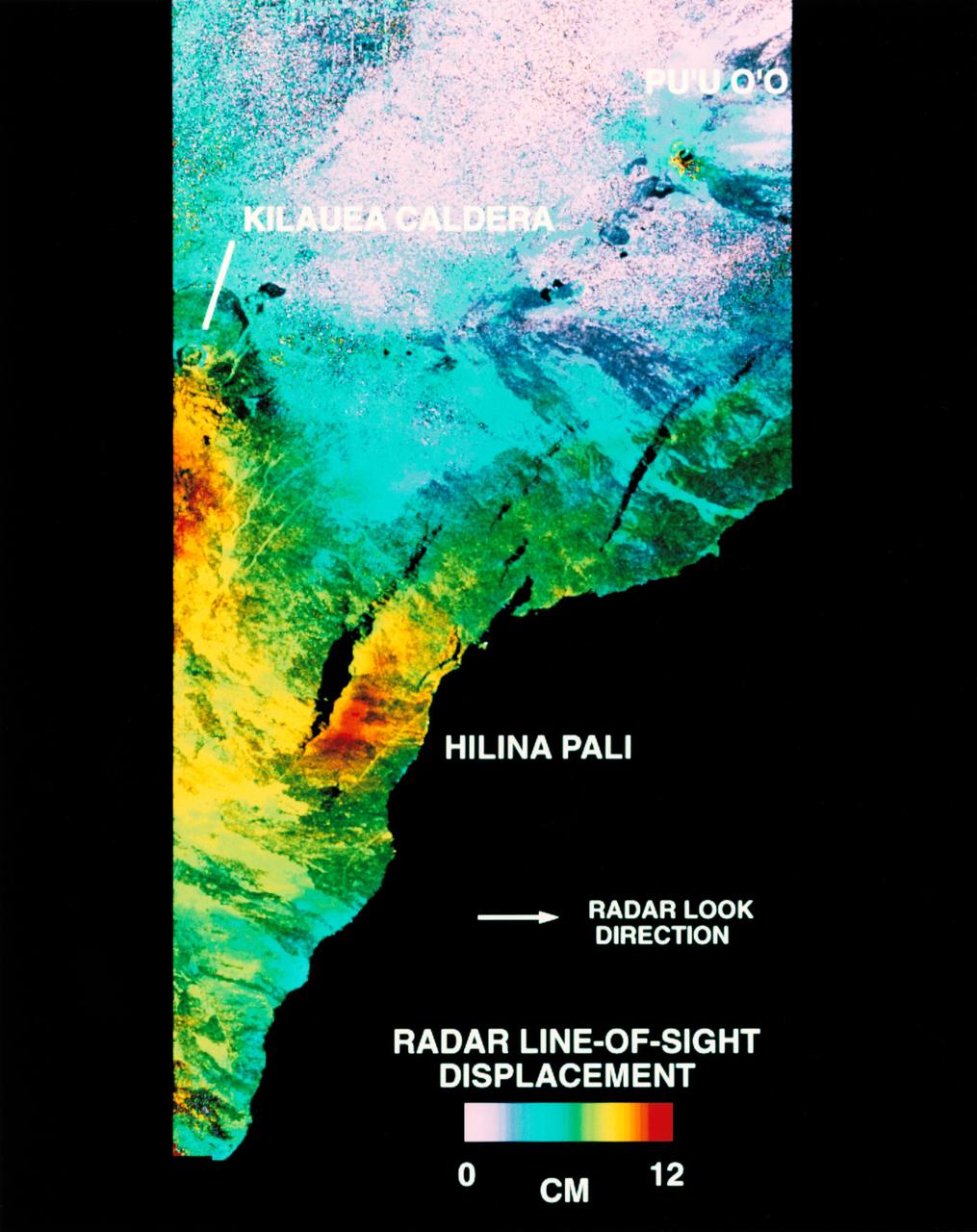 STS068-S-054 (10 October 1994) --- This is a deformation map of the south flank of Kilauea volcano on the big island of Hawaii, centered at 19.5 degrees north latitude and 155.25 degrees west longitude. The map was created by combining interferometric radar data - that is data acquired on different passes of the Space Shuttle Endeavour which are then overlaid to obtain elevation information - acquired by the Spaceborne Imaging Radar-C/X-Band Synthetic Aperture Radar (SIR-C/X-SAR) during its first flight in April 1994 and its second flight in October 1994. The area shown is approximately 40 by 80 kilometers (25 by 50 miles). North is toward the upper left of the image. The colors indicate the displacement of the surface in that direction that the radar instrument was pointed (toward the right of the image) in the six months between images. The analysis of ground movement is preliminary, but appears consistent with the motions detected by the Global Positioning System ground receivers that have been used over the past five years. The south flank of the Kilauea volcano is among the most rapidly deforming terrain's on Earth. Several regions show motion over the six-month time period. Most obvious is at the base of Hilina Pali, where 10 centimeters (4 inches) or more of crustal deformation can be seen in a concentrated area near the coastline. On a more localized scale, the currently active Pu'u O'o summit also shows about 10 centimeters (4 inches) of change near the vent area. Finally, there are indications of additional movement along the upper southwest rift zone, just below the Kilauea caldera in the image. Deformation of the south flank is believed to be the result of movements along faults deep beneath the surface of the volcano, as well as injections of magma, or molten rock, into the volcano's "plumbing" system. Detection of ground motions from space has proven to be a unique capability of imaging radar technology. Scientists hope to use deformation data acquired by SIR-C/X-SAR and future imaging radar missions to help in better understanding the processes responsible for volcanic eruptions and earthquakes. Spaceborne Imaging Radar-C/X-Band Synthetic Aperture Radar (SIR-C/X-SAR) is part of NASA's Mission to Planet Earth. (P-44753)