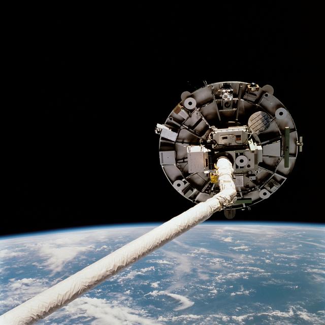 NASA image: View of the Wake Shield Facility on the RMS arm