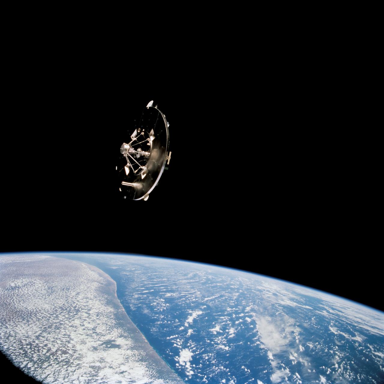 STS069-732-048 (11 September 1995) --- Having earlier been released by the Space Shuttle Endeavour's Remote Manipulator System (RMS), the Wake Shield Facility (WSF) moves away from the Space Shuttle.  The coast of Somalia can be seen in the lower left quadrant of the frame.  STS-69 and the Space Shuttle Endeavour, with a five-member crew, launched on September 7, 1995, from the Kennedy Space Center (KSC) and ended its mission there on September 18, 1995, with a successful landing on Runway 33.  The multifaceted mission carried a crew of astronauts David M. Walker, mission commander; Kenneth D. Cockrell, pilot; and James S. Voss (payload commander), James H. Newman and Michael L. Gernhardt, all mission specialists.