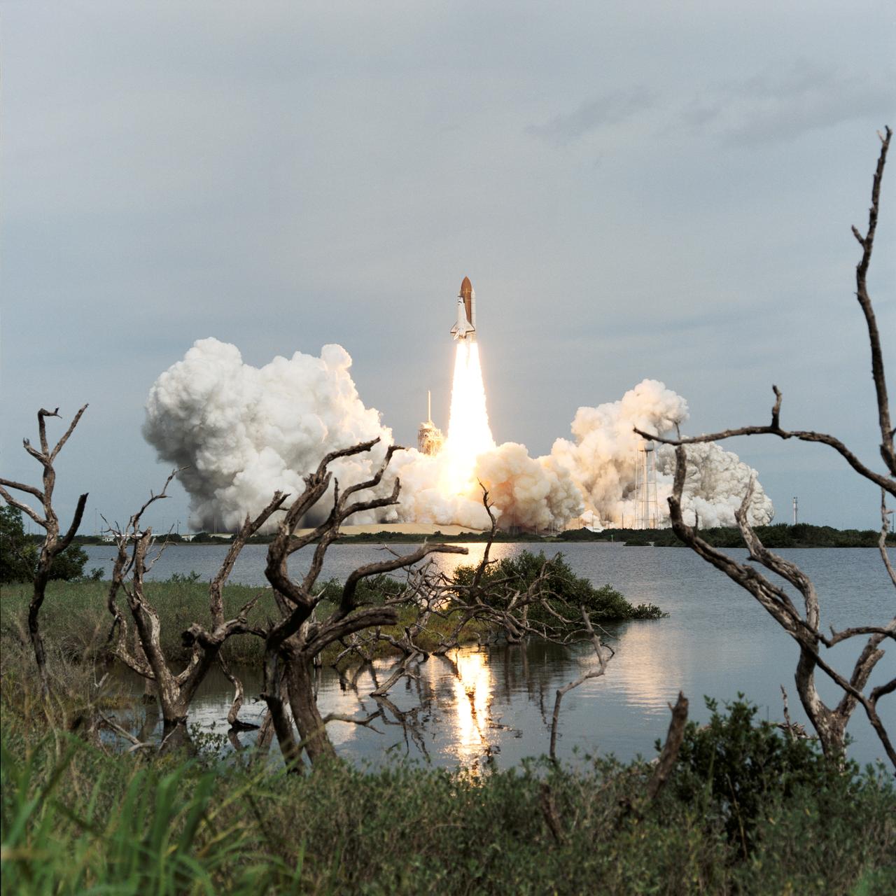 STS069-S-022 (7 September 1995) --- Marsh driftwood and Florida shrubbery frame the liftoff phase of the Space Shuttle Endeavour as it begins the STS-69 mission. Liftoff from Launch Pad 39A occurred at 11:09:00:52 a.m. (EDT), September 7, 1995.  The crew of five NASA astronauts is embarking on an 11-day multifaceted mission featuring two free-flying scientific research spacecraft, a spacewalk and a host of experiments in both the cargo bay and the middeck. Onboard were astronauts David M. Walker, Kenneth D. Cockrell, James S. Voss, James H. Newman and Michael L. Gernhardt.
