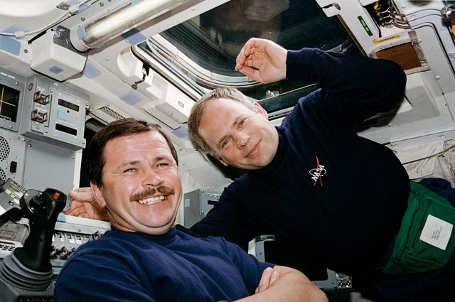 NASA image: Cosmonauts Budarin and Solovyev on flight deck