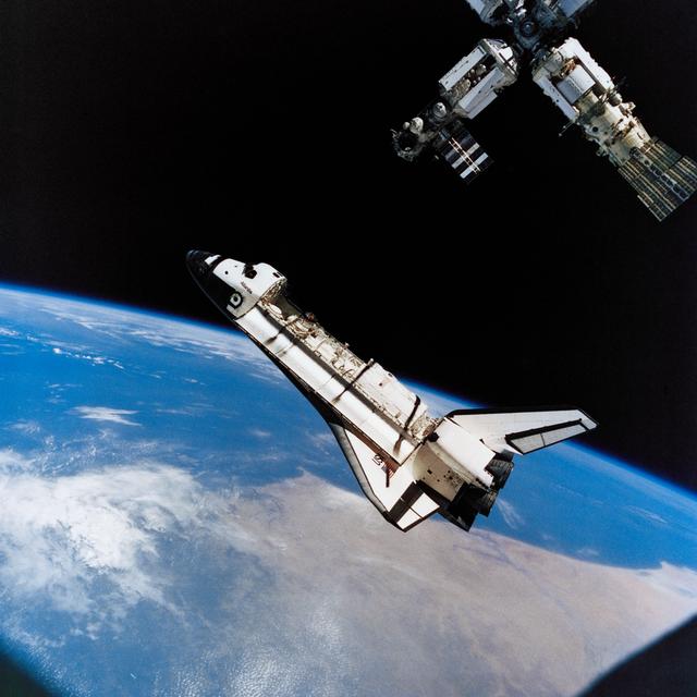 NASA image: A view of Atlantis preparing to dock with the Mir Space Station on STS-71