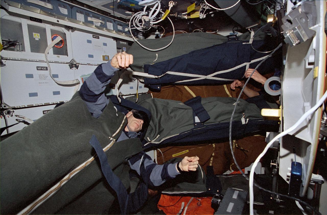 STS072-306-024 (11-20 Jan. 1996) --- Astronaut Daniel T. Barry sleeps on the middeck of the Earth-orbiting Space Shuttle Endeavour. The sleeping bag is considered advantageous primarily because it restricts movement in the microgravity environment, as Barry’s crew mates pointed out during a televised NASA briefing following the mission.