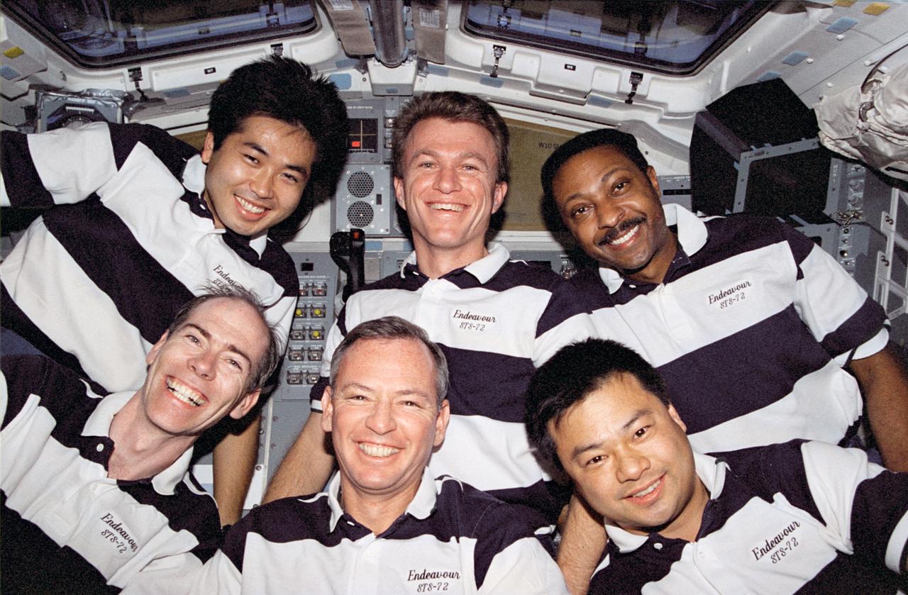 STS072-344-019 (11-20 Jan. 1996) --- The crew members selected the aft flight deck for the site of their inflight crew portrait aboard the Earth-orbiting Space Shuttle Endeavour.  In front, left to right, are astronauts Daniel T. Barry, mission specialist; Brian Duffy, mission commander; and Leroy Chiao, mission specialist.  In the rear are, left to right, Koichi Wakata, mission specialist representing Japan’s National Space Development Agency (NASDA); Brett W. Jett Jr., pilot; and Winston E. Scott, mission specialist.  Flying in the bright sunlight, the crew had put shades in the aft flight deck windows to prevent heavy shadowing.