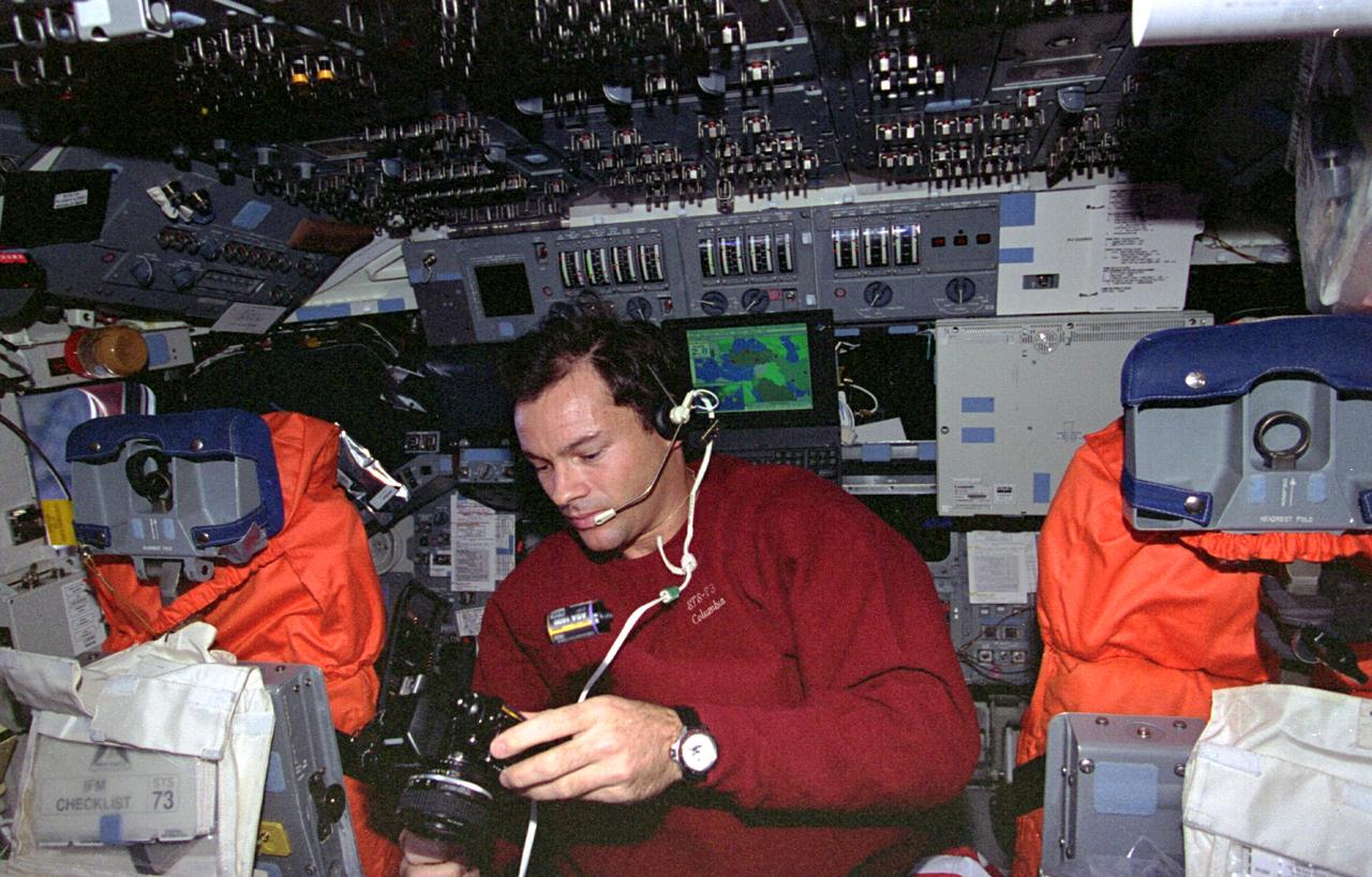 STS073-335-009 (20 October-5 November 1995) --- Astronaut Michael E. Lopez-Alegria, STS-73 mission specialist, changes the film in a 35mm camera on the flight deck of the Earth-orbiting Space Shuttle Columbia.  Alegria joined four other NASA astronauts and two guest researchers for almost 16-days of Earth-orbit research in support of the U.S. Microgravity Laboratory (USML-2) mission.