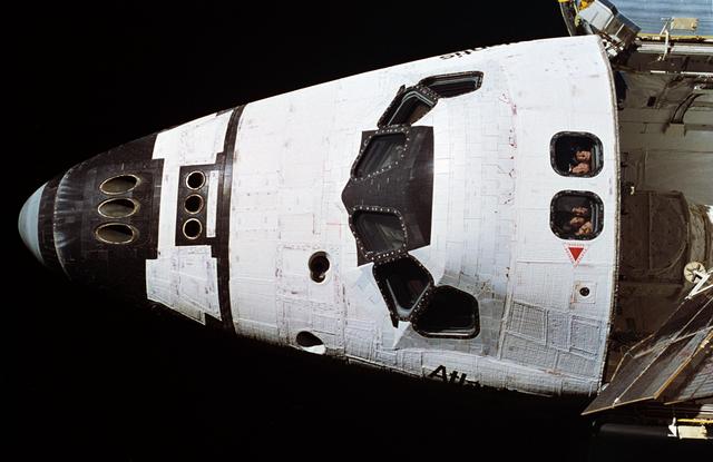 NASA image: STS-74 crewmembers look out aft flight deck windows