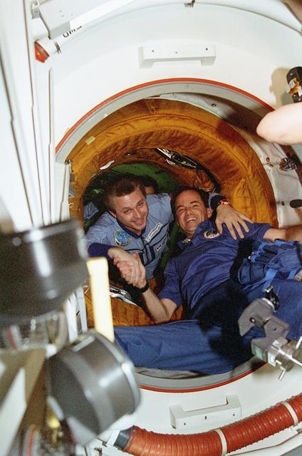 NASA image: Opening the hatch and welcome ceremony in the Mir Space Station