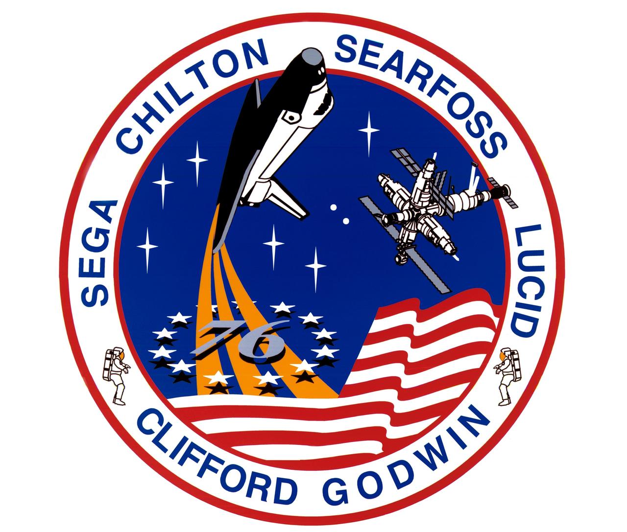 STS076-S-001 (November 1995) --- The STS-76 crew patch depicts the space shuttle Atlantis and Russia's Mir Space Station as the space ships prepare for a rendezvous and docking. The "Spirit of 76," an era of new beginnings, is represented by the space shuttle rising through the circle of 13 stars in the Betsy Ross flag. STS-76 begins a new period of international cooperation in space exploration with the first shuttle transport of a United States astronaut, Shannon W. Lucid, to the Mir Space Station for extended joint space research. Frontiers for future exploration are represented by stars and the planets. The three gold trails and the ring of stars in union form the astronaut logo. Two suited extravehicular activity (EVA) crew members in the outer ring represent the first EVA during Shuttle-Mir docked operations. The EVA objectives are to install science experiments on the Mir exterior and to develop procedures for future EVA's on the International Space Station. The surnames of the crew members encircle the patch: Kevin P. Chilton, mission commander; Richard A. Searfoss, pilot; Ronald M. Sega, Michael R. ( Rich) Clifford, Linda M. Godwin and Lucid, all mission specialists. This patch was designed by Brandon Clifford, age 12, and the crew members of STS-76.    The NASA insignia design for space shuttle flights is reserved for use by the astronauts and for other official use as the NASA Administrator may authorize. Public availability has been approved only in the forms of illustrations by the various news media. When and if there is any change in this policy, which is not anticipated, the change will be publicly announced. Photo credit: NASA
