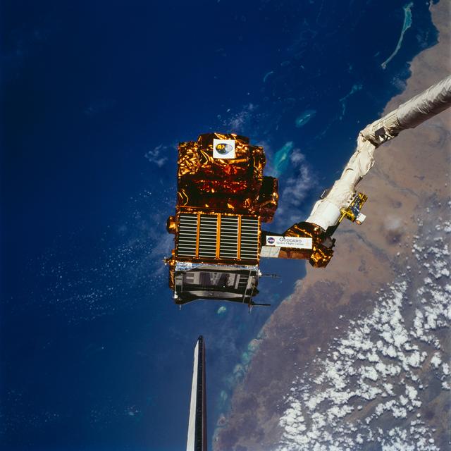 NASA image: View of the SPARTAN satellite during its release into orbit