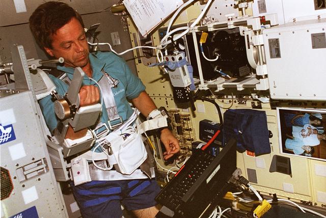 NASA image: TVD, Thirsk collects data during LMS-1 Spacelab mission