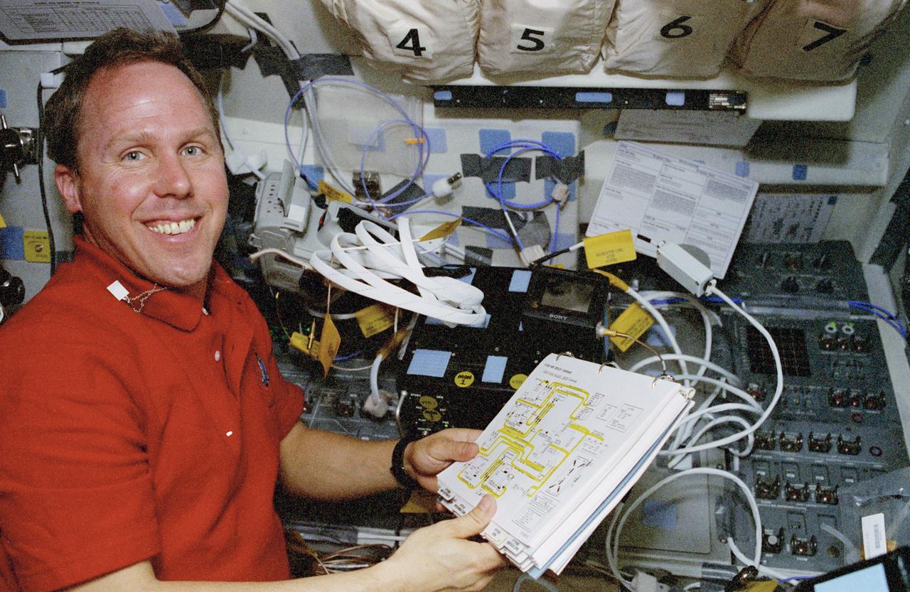 STS080-325-006 (19 Nov.-7 Dec. 1996) --- Astronaut Thomas D. Jones, STS-80 mission specialist, looks over a photo-television checklist on the flight deck of the Earth-orbiting space shuttle Columbia.