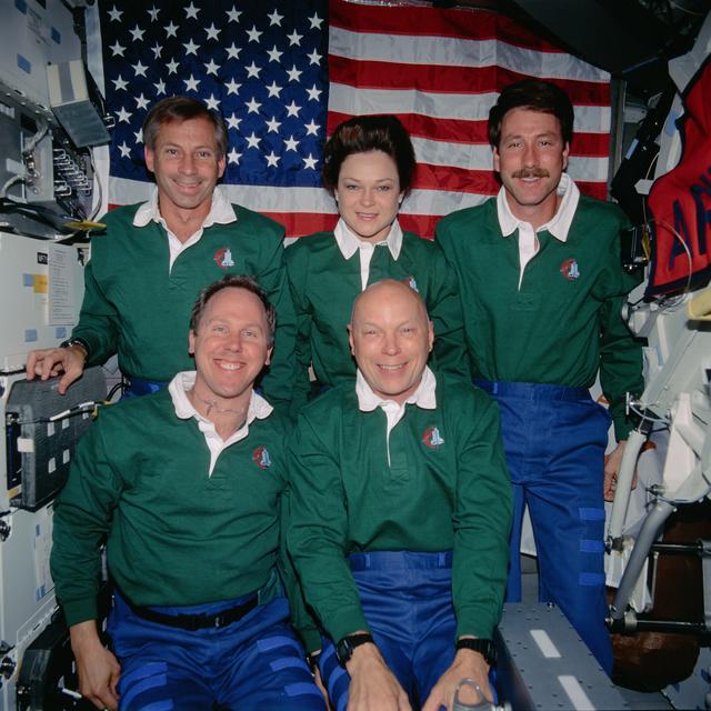 NASA image: Crew portrait of STS-80 crewmembers in shuttle middeck