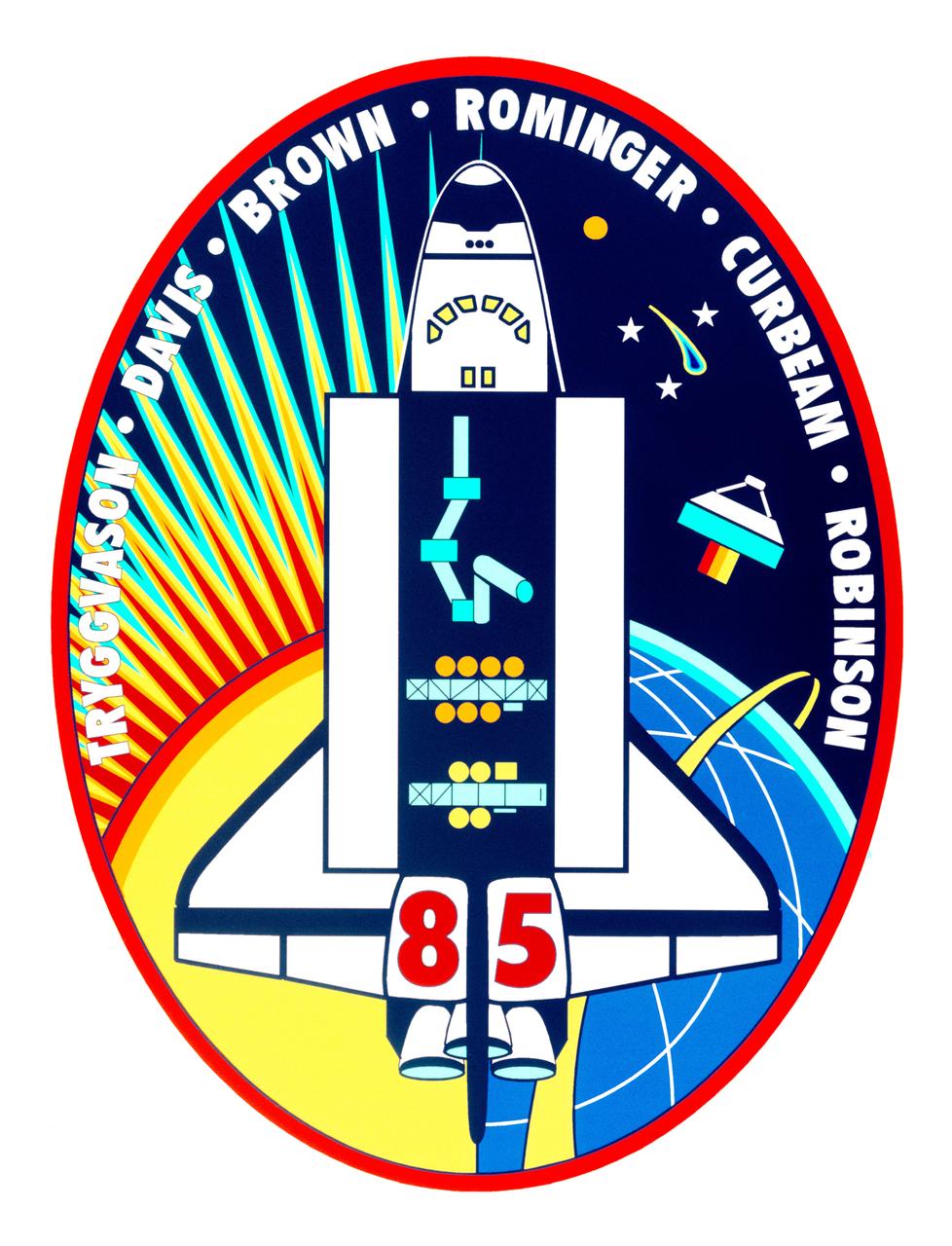 STS085-S-001 (May 1997) --- The mission patch for STS-85 is designed to reflect the broad range of science and engineering payloads on the flight. The primary objectives of the mission are to measure chemical constituents in Earth?s atmosphere with a free-flying satellite and to flight-test a new Japanese robotic arm designed for use on the International Space Station (ISS). STS-85 is the second flight of the satellite known as CRISTA-SPAS-02. CRISTA, depicted on the right side of the patch pointing its trio of infrared telescopes at Earth?s atmosphere, stands for Cryogenic Infrared Spectrometers and Telescopes for the Atmosphere. The high inclination orbit is shown as a yellow band over Earth?s northern latitudes. In the space shuttle Discovery?s open payload bay an enlarged version of the Japanese National Space Development Agency?s (NASDA) Manipulator Flight Demonstration (MFD) robotic arm is shown. Also shown in the payload bay are two sets of multi-science experiments: the International Extreme Ultraviolet Hitchhiker (IEH-02) nearest the tail and the Technology Applications and Science (TAS-01) payload. Jupiter and three stars are shown to represent sources of ultraviolet energy in the universe. Comet Hale-Bopp, which will be visible from Earth during the mission, is depicted at upper right. The left side of the patch symbolizes daytime operations over the Northern Hemisphere of Earth and the solar science objectives of several of the payloads.    The NASA insignia design for space shuttle flights is reserved for use by the astronauts and for other official use as the NASA Administrator may authorize. Public availability has been approved only in the forms of illustrations by the various news media. When and if there is any change in this policy, which is not anticipated, the change will be publicly announced. Photo credit: NASA