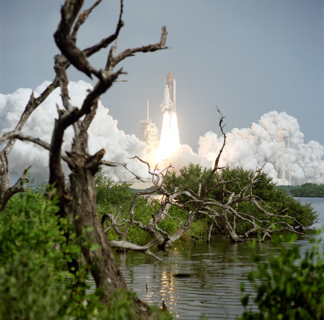 STS085-S-009 (7 August 1997) --- The Space Shuttle Discovery has cleared the launch tower in this low-angle, 35mm frame, and is headed toward an eleven-day mission in Earth-orbit in support of the STS-85 mission. Launch from Pad 39A, at the Kennedy Space Center (KSC), occurred at 10:41 a.m. (EDT), August 7, 1997. Onboard the spacecraft were astronauts Curtis L. Brown, Jr., commander; Kent V. Rominger, pilot; N. Jan Davis, payload commander; and Stephen K. Robinson and Robert L. Curbeam, Jr., both mission specialists; along with payload specialist Bjarni V. Tryggvason, a Canadian Space Agency (CSA) astronaut.