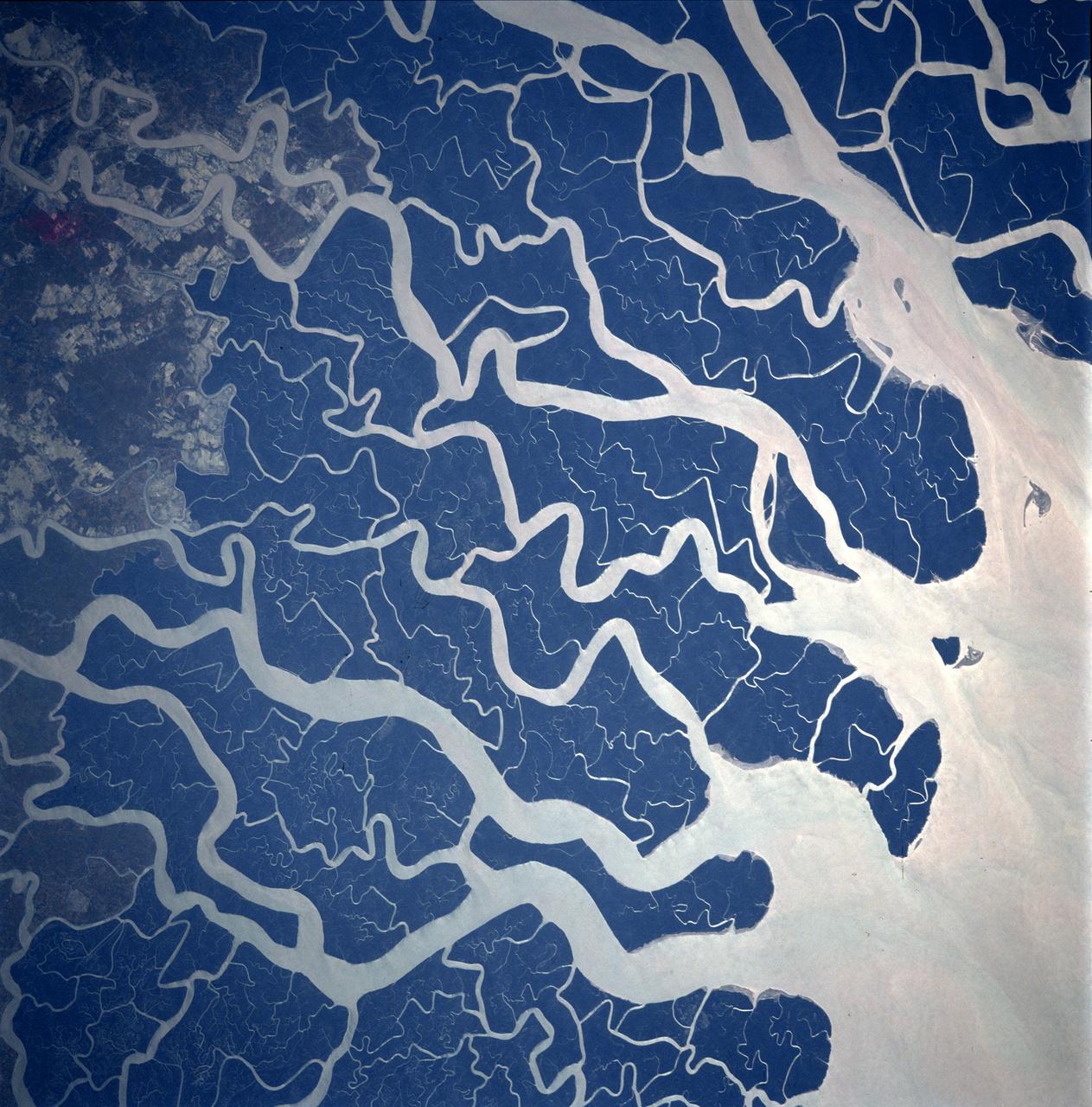 STS087-707-092 (19 November – 5 December 1997) --- Featured in this view is the Ganges River delta. A glacier at about 22,100 feet in the Himalayas is the source of the Ganges River. Hundreds of miles later and joined by other tributaries the Ganges delta enters the Bay of Bengal. The delta, at 200 miles wide (320 kilometers) is one of the most fertile and densely populated regions of the world. The eastern side of the delta changes rapidly and forms new land because of rapid sedimentation. The southern part of the delta has a darker appearance because of tidal forests, swampland, and mangroves. The Sundarbans is the name of this forested area and it is the site of a tiger preservation project for the governments of India and Bangladesh. This picture is one of the 70mm Earth observations visuals used by the crew at its post flight presentation events.