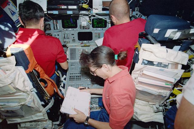 NASA image: Various STS-88 crewmembers pose for photos on the aft flight deck