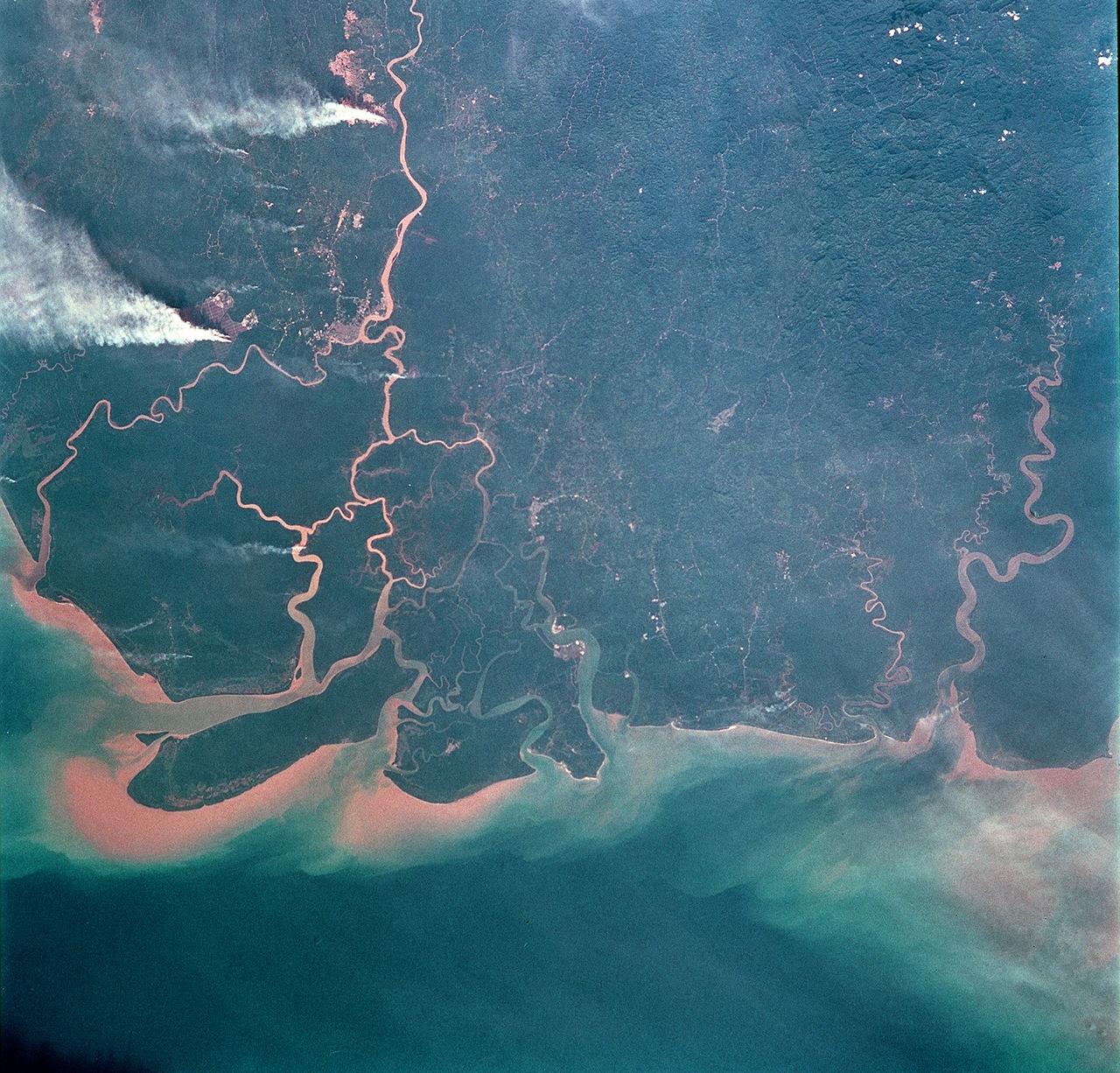 STS093-708-062 (23-27 July 1999) --- The STS-93 astronauts took this picture of the Island of Borneo, which is divided among Indonesia, Malaysia and Brunei.  The Rajang River meets the South China Sea in the northwestern portion of the Malaysian state of Sarawak.  Smoke from both large and small fires is blowing north by the prevailing summer winds.  Notice the contrast of dark colored rainforest with the lighter clearings where the largest fires are burning.  According to NASA scientists studying the STS-93 photo collection, the sediment plumes along the coast are mostly shoreline erosional materials caught up in longshore currents.  The Saribas River can be seen at the bottom.