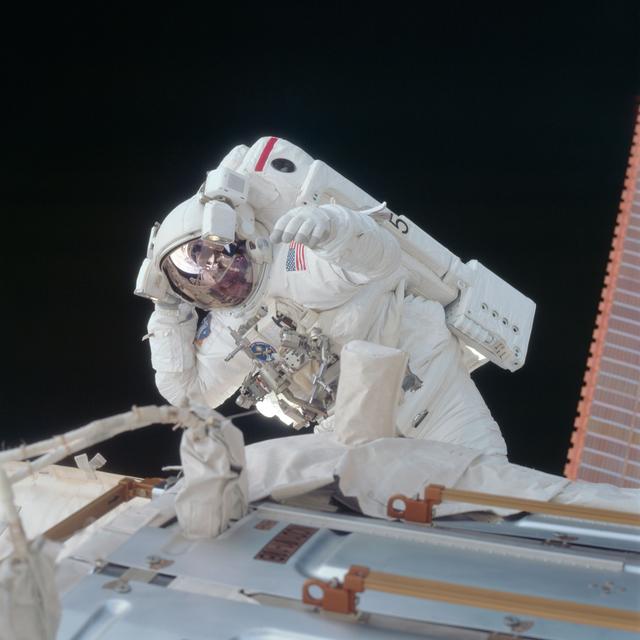 View of MS Tanner working on Unity during the third EVA of STS-97