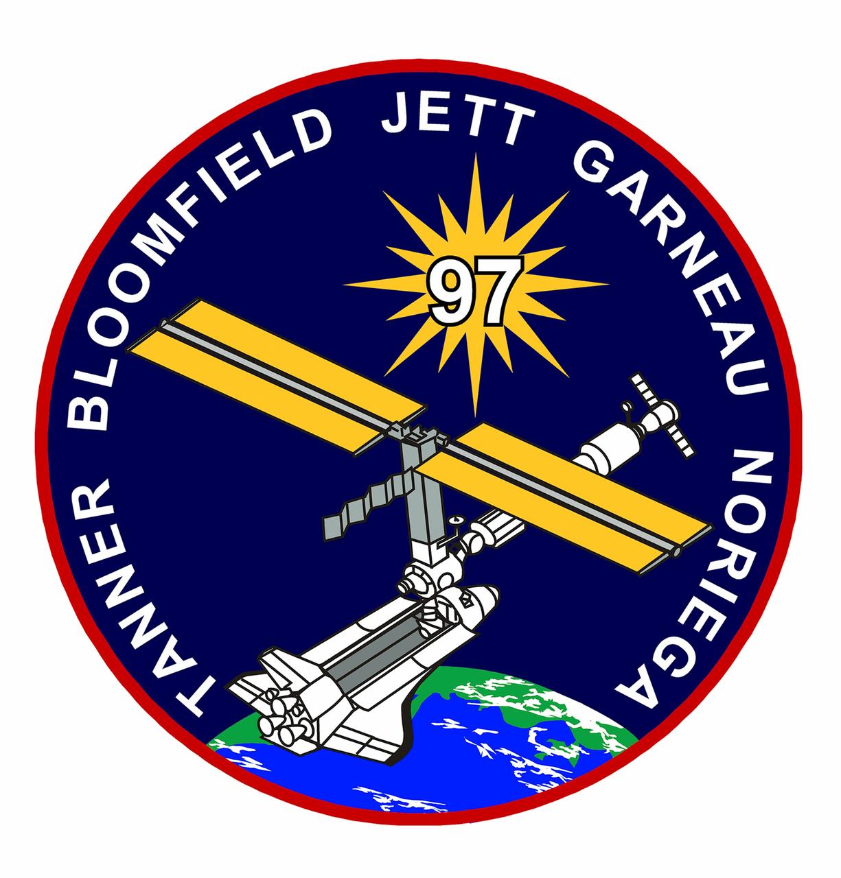 STS097-S-001 (January 2000) --- This is the crew insignia for STS-97, which will deliver, assemble, and activate the U.S. electrical power system on board the International Space Station (ISS). The electrical power system, which is built into a 47-foot integrated truss structure known as P6, consists of solar arrays, radiators, batteries, and electronics. P6 will be attached to the station using the shuttle's robotic arm in coordination with spacewalking crew members that will make the final connections. The spacewalkers will then prepare P6 for the subsequent deployments of the large solar arrays and radiator, which are critical steps in the activation of the electrical power system. The 120-foot solar arrays will provide the power necessary for the first ISS crews to live and work in the U.S. segment. The crew patch depicts the space shuttle docked to ISS in low Earth orbit after the activation of the P6 electrical power system. Gold and silver are used to highlight the portion of ISS that will be installed by the STS-97 crew. The Sun, central to the design, is the source of energy for ISS.    The NASA insignia design for space shuttle flights is reserved for use by the astronauts and for other official use as the NASA Administrator may authorize. Public availability has been approved only in the forms of illustrations by the various news media. When and if there is any change in this policy, which is not anticipated, the change will be publicly announced. Photo credit: NASA