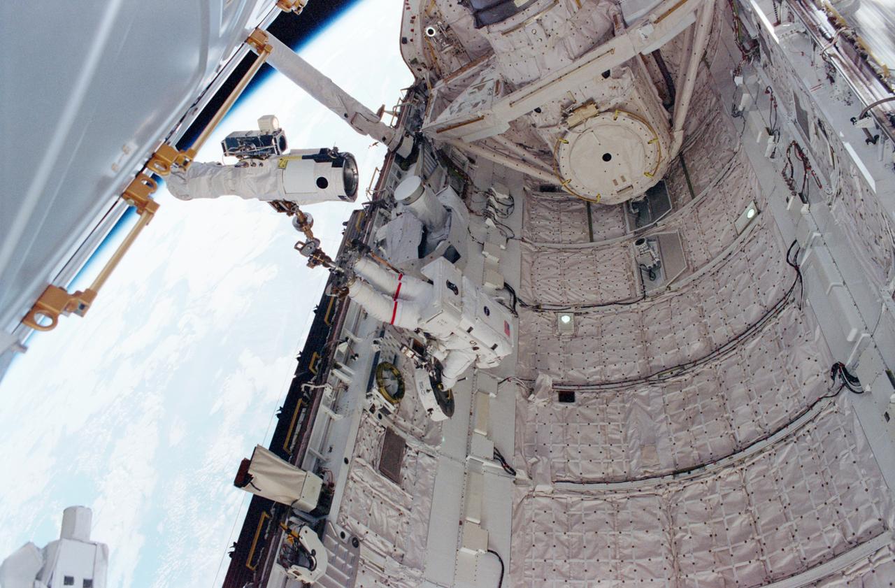 STS098-339-008 (7-20 February 2001) --- Anchored to a restraint device on the end of the shuttle’s remote manipulator system (RMS) robot arm, astronaut Thomas D. Jones, mission specialist, works with the Power and Data Grapple Fixture (PDGF) in the cargo bay of the Space Shuttle Atlantis.