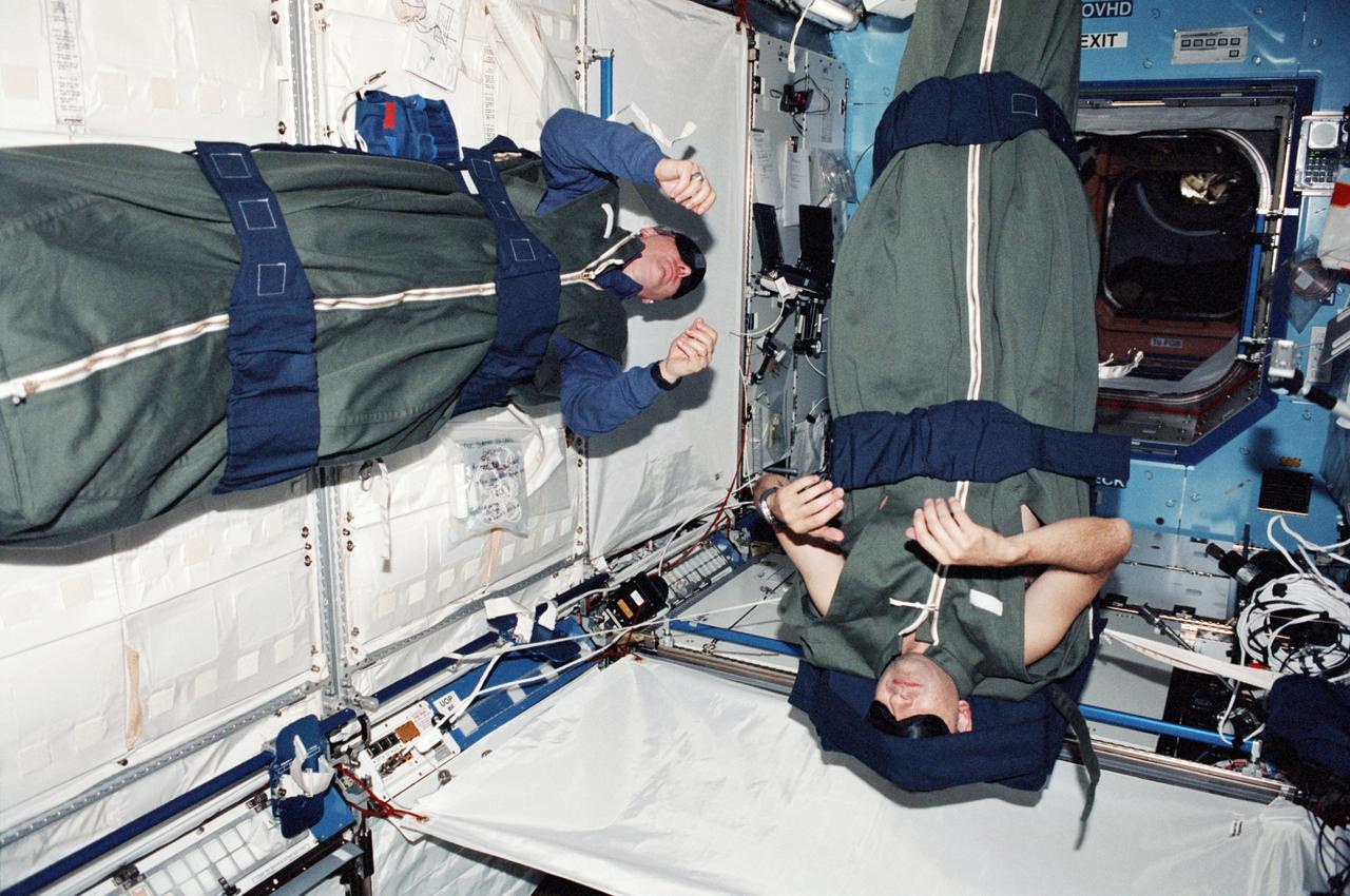 STS098-355-001 (7-20 February 2001) --- Astronauts Thomas D. Jones and Mark L. Polansky, STS-98 mission specialists, are photographed during their sleep shift in the newly-attached Destiny laboratory on the International Space Station (ISS).