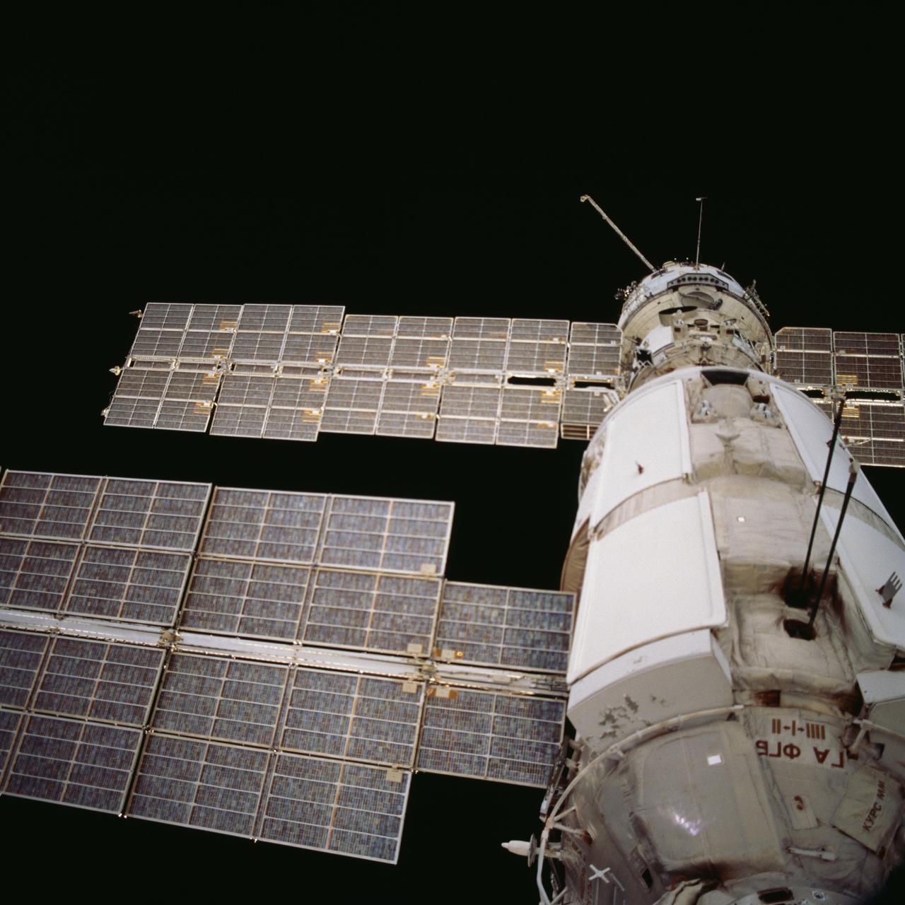 STS098-707-062 (9 February 2001) --- This close-up view of the Zvezda Service Module on the International Space Station (ISS), backdropped against the blackness of space, was photographed by one of the astronauts onboard the Space Shuttle Atlantis at it approached the station for docking on Feb. 9, at 10:51 a.m. (CST).