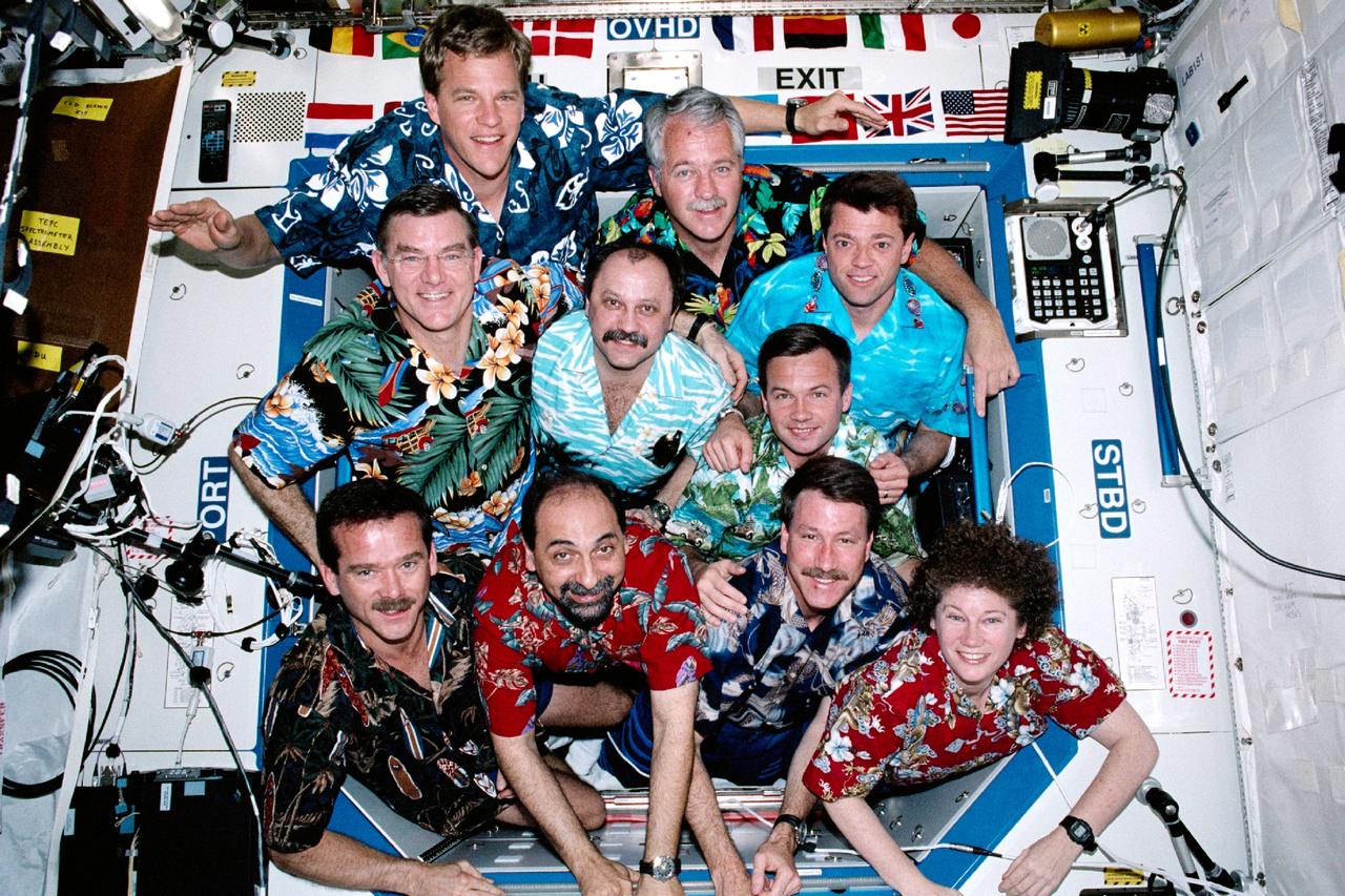 STS100-341-003 (19 April-1 May 2001) --- STS-100 and Expedition Two crewmembers pose for traditional in-flight portrait in Destiny laboratory. Bottom, from left, Chris A. Hadfield, Umberto Guidoni, Kent V. Rominger and Susan J. Helms. Middle row, James S. Voss, Yury V. Usachev and Yuri V. Lonchakov. Top, Scott E. Parazynski, John L. Phillips and Jeffrey S. Ashby. Guidoni represents the European Space Agency (ESA); Lonchakov and Usachev are with Rosaviakosmos and Hadfield is associated with the Canadian Space Agency (CSA).