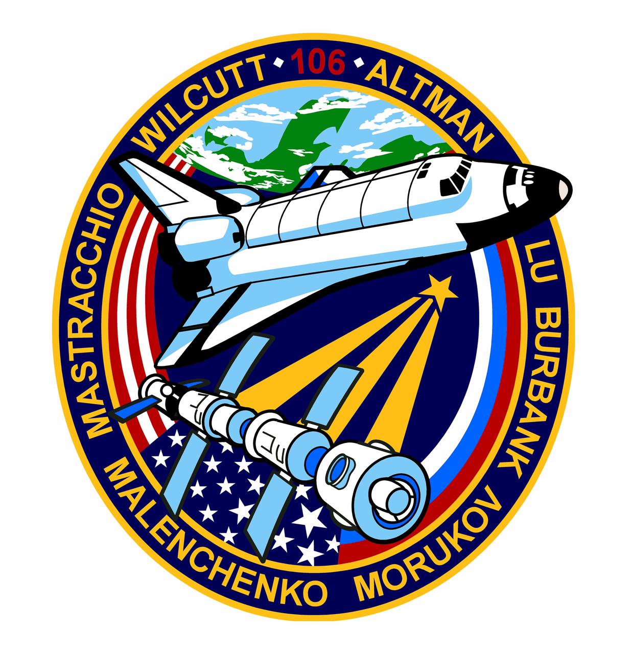 STS106-S-001 (April 2000) --- This is the crew patch for the STS-106 mission, which is the first shuttle flight to the International Space Station since the arrival of its newest component, the Russian-supplied Service Module Zvezda (Russian for star). Zvezda is depicted on the crew patch mated with the already orbiting Node 1 Unity module and Russian-built Functional Cargo Block, called Zarya (sunrise), with a Progress supply vehicle docked to the rear of the station. The International Space Station is shown in orbit with Earth above as it appears from the perspective of space. The Astronaut Office symbol, a star with three rays of light, provides a connection between the space shuttle Atlantis and the space station, much the same as the Space Shuttle Program is linked to the International Space Station during its construction and future research operations. Stylized versions of flags from Russia and the United States meet at the space station. They symbolize both the cooperation and joint efforts of the two countries during the development and deployment of the permanent outpost in space as well as the close relationship of the American and Russian crew members.    The NASA insignia design for space shuttle flights is reserved for use by the astronauts and for other official use as the NASA Administrator may authorize. Public availability has been approved only in the forms of illustrations by the various news media. When and if there is any change in this policy, which is not anticipated, the change will be publicly announced. Photo credit: NASA