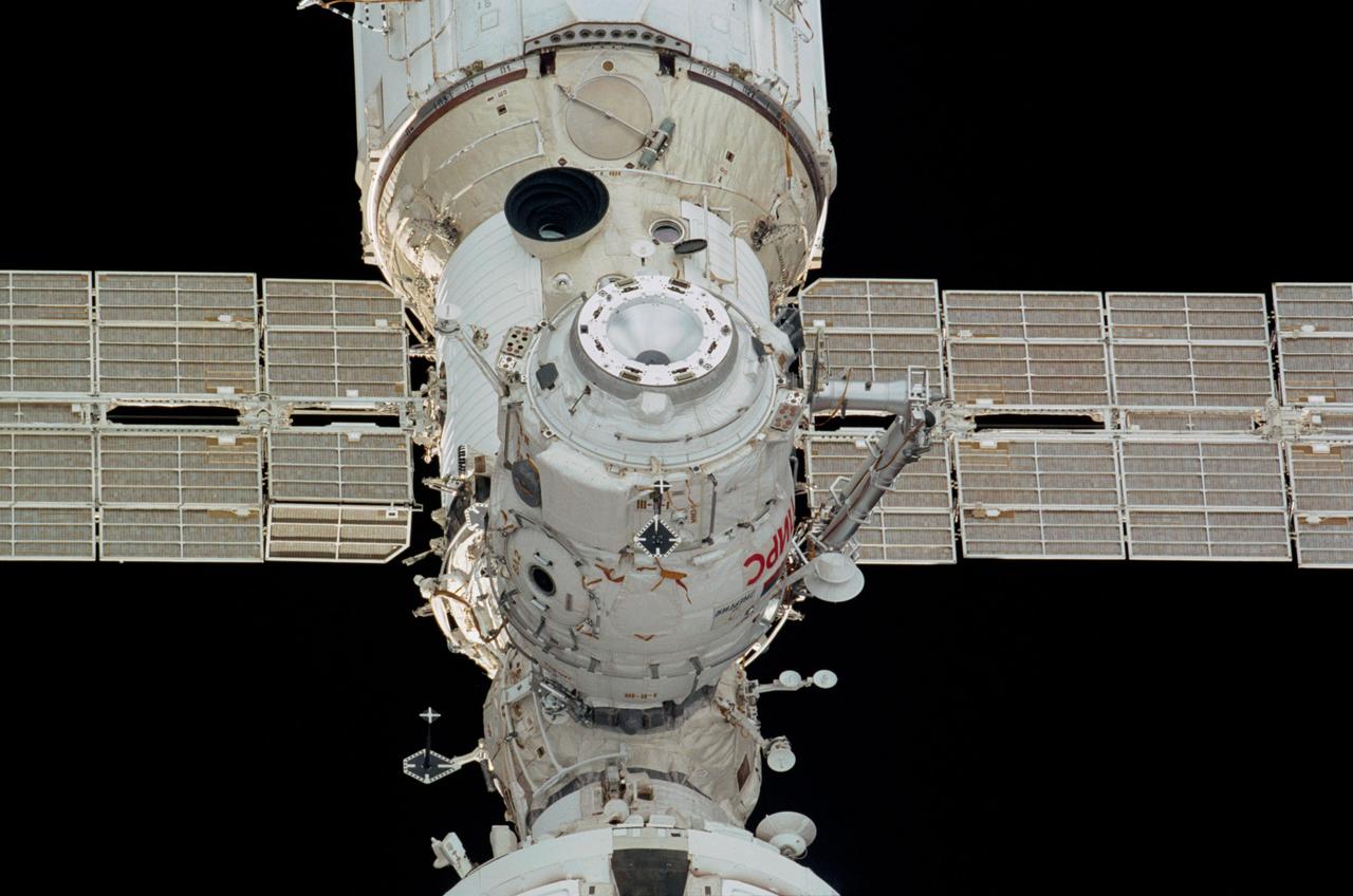STS108-342-002 (5-17 December 2001) --- Backdropped by the blackness of space, the Pirs docking compartment on the International Space Station (ISS) was photographed by a crew member aboard the Space Shuttle Endeavour.