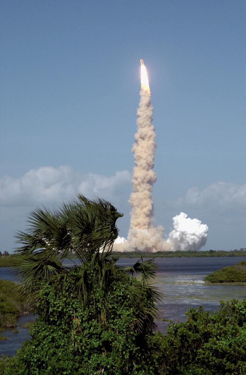 STS110-S-020 (8 April 2002) --- As seen from a few miles away, the Space Shuttle Atlantis lifts off from KSC's Launch Complex 39 at 4:44:19 p.m. (EDT), April 8, 2002. Seven astronauts were en route to the International Space Station (ISS) for a week of work on the orbital outpost, including the installation of the S0 (S-zero) truss--centerpiece of the station's main truss.
