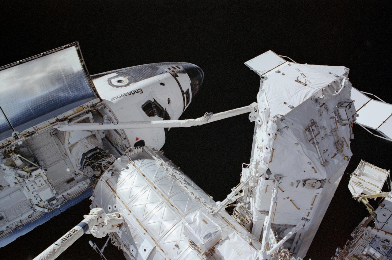 STS111-310-011 (9 June 2002) --- Backdropped by the blackness of space, the Space Shuttle Endeavour is pictured while docked to the Pressurized Mating Adapter (PMA-2) at the forward end of the Destiny laboratory on the International Space Station (ISS). A portion of the Canadarm2 is visible in the lower left corner and Endeavour&#0146;s robotic arm is in full view as it is stretched out with the S0 (S-zero) Truss at its end.