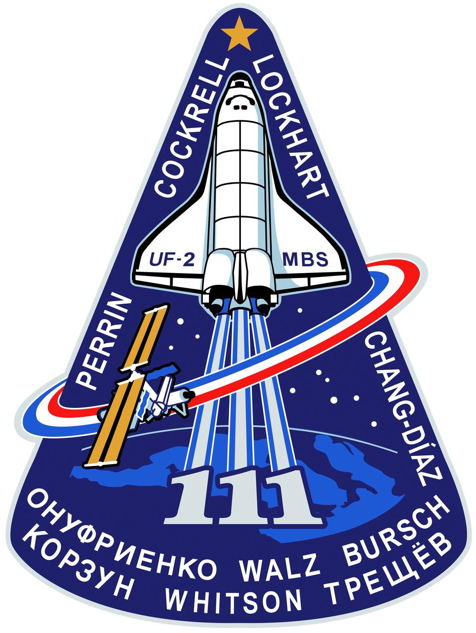 STS111-S-001 (January 2002) --- The STS-111 patch symbolizes the hardware, people, and partner nations that contribute to the flight. The space shuttle rises on the plume of the Astronaut Office symbol, carrying the Canadian Mobile Base System (MBS) for installation while docked to the International Space Station (ISS). The mission is named UF-2 for ISS Utilization Flight number two.  The ISS orbit completes the Astronaut Office symbol and is colored red, white, and blue to represent the flags of the United States, Russia, France, and Costa Rica. The Earth background shows Italy, which contributes the Multi Purpose Logistics Module (MPLM) used on this flight to re-supply ISS. The ten stars in the sky represent the ten astronauts and cosmonauts on orbit during the flight, and the star at the top of the patch represents the Johnson Space Center, in the state of Texas, from which the flight is managed. The names of the STS-111 crew border the upper part of the patch, and the Expedition Five (going up) and Expedition Four (coming down) crews? names form the bottom of the patch.    The NASA insignia design for space shuttle flights is reserved for use by the astronauts and for other official use as the NASA Administrator may authorize. Public availability has been approved only in the forms of illustrations by the various news media. When and if there is any change in this policy, which is not anticipated, the change will be publicly announced. Photo credit: NASA