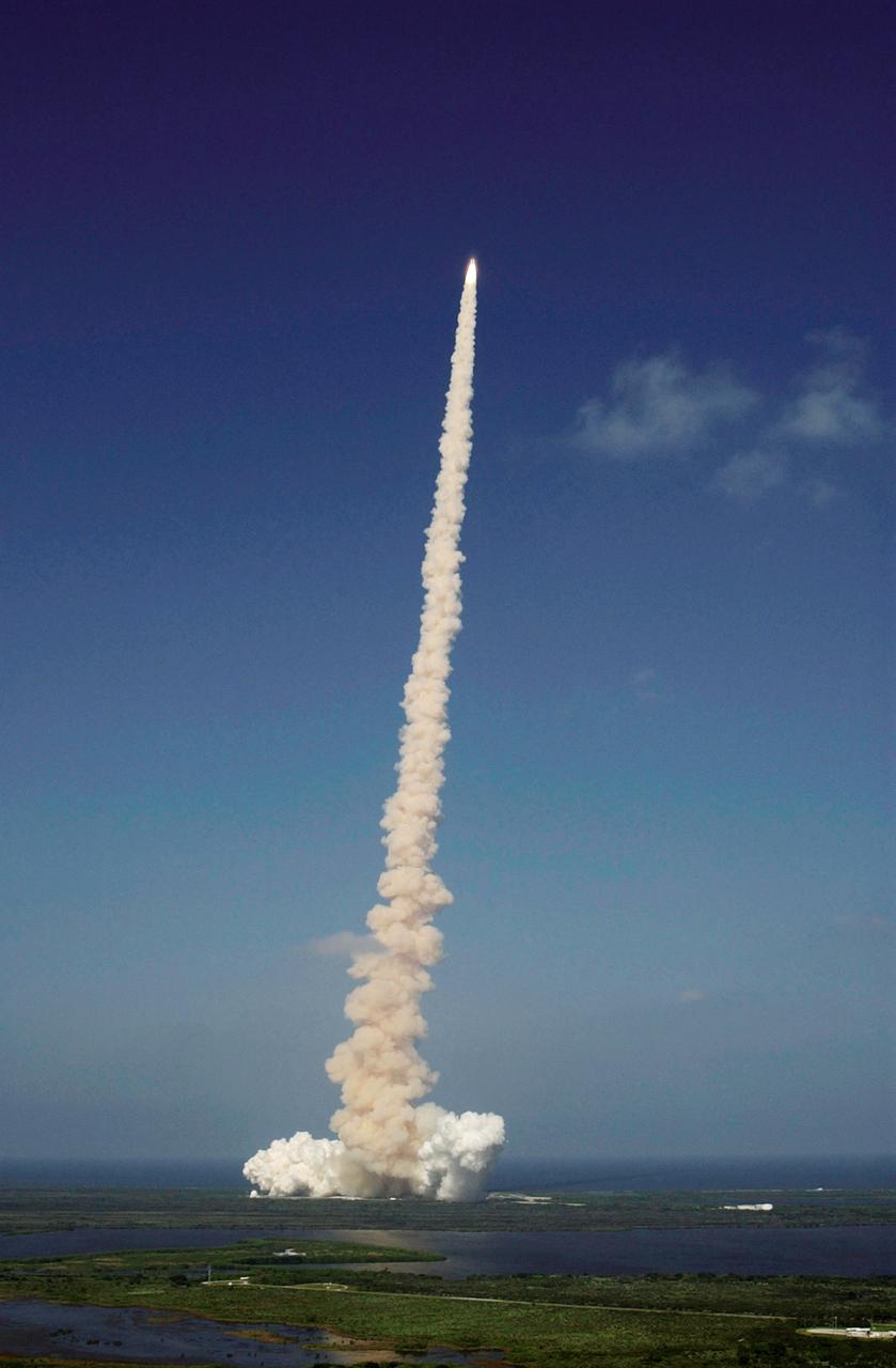 STS112-S-014 (7 October 2002) --- The Space Shuttle Atlantis shoots through the clear blue sky after launch on mission STS-112, the 15th assembly flight to the International Space Station. Liftoff from Launch Pad 39B occurred at 3:46 p.m. (EDT), October 7, 2002.. Atlantis carried the S1 Integrated Truss Structure and the Crew and Equipment Translation Aid (CETA) Cart A. The CETA is the first of two human-powered carts that will ride along the ISS railway, providing mobile work platforms for future spacewalking astronauts. On the 11-day mission, three spacewalks were successful in attaching the S1 truss to the Station and performing other scheduled ISS work. The STS-112 crew members of Atlantis are Jeffrey S. Ashby, commander; Pamela A. Melroy, pilot; and David A. Wolf, Piers J. Sellers, Sandra H. Magnus and Rosaviakosmos' Fyodor N. Yurchikhin, all mission specialists.