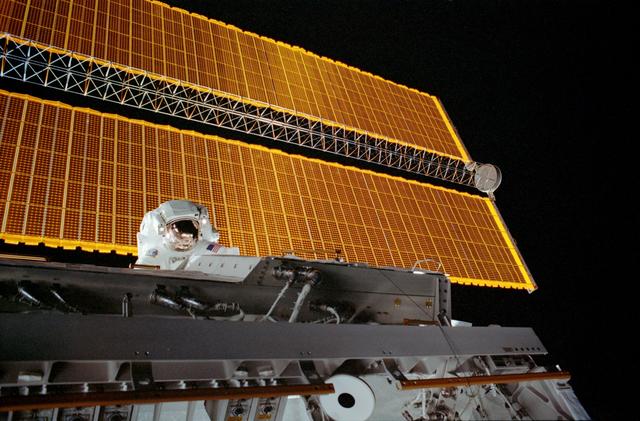 NASA image: Herrington backdropped by illuminated PV SA during STS-113 EVA 2
