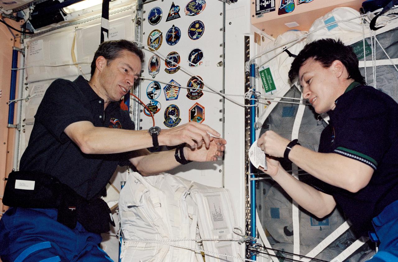 STS113-339-027 (2 December 2002) --- Astronauts James D. Wetherbee, STS-113 mission commander, and Peggy A. Whitson, Expedition Five NASA ISS science officer, add the STS-113 patch to the growing collection of those representing Shuttle crews who have worked on the International Space Station (ISS). A location in the Unity node serves as one of the traditional posting sites for the patches.