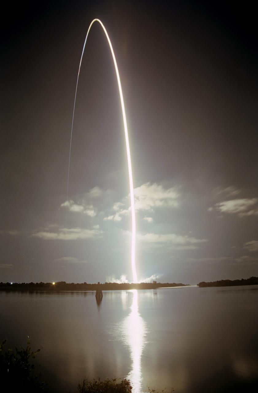 STS113-S-035 (23 November 2002) --- The Space Shuttle Endeavour arcs into the still-black sky over the Atlantic Ocean, casting a fiery glow on its way. Liftoff from the Kennedy Space Center's Launch Complex 39 occurred at 7:49:47 p.m. (EST), November 23, 2002. The launch is the 19th for Endeavour, and the 112th flight in the Shuttle program. Mission STS-113 is the 16th assembly flight to the International Space Station, carrying another structure for the Station, the P1 integrated truss. Crewmembers onboard were astronauts James D. Wetherbee, commander; Paul S. Lockhart, pilot, along with astronauts Michael E. Lopez-Alegria and John B. Herrington, both mission specialists. Also onboard were the Expedition 6 crewmembers--astronauts Kenneth D. Bowersox and Donald R. Pettit, along with cosmonaut Nikolai M. Budarin--who went on to replace Expedition 5 aboard the Station.