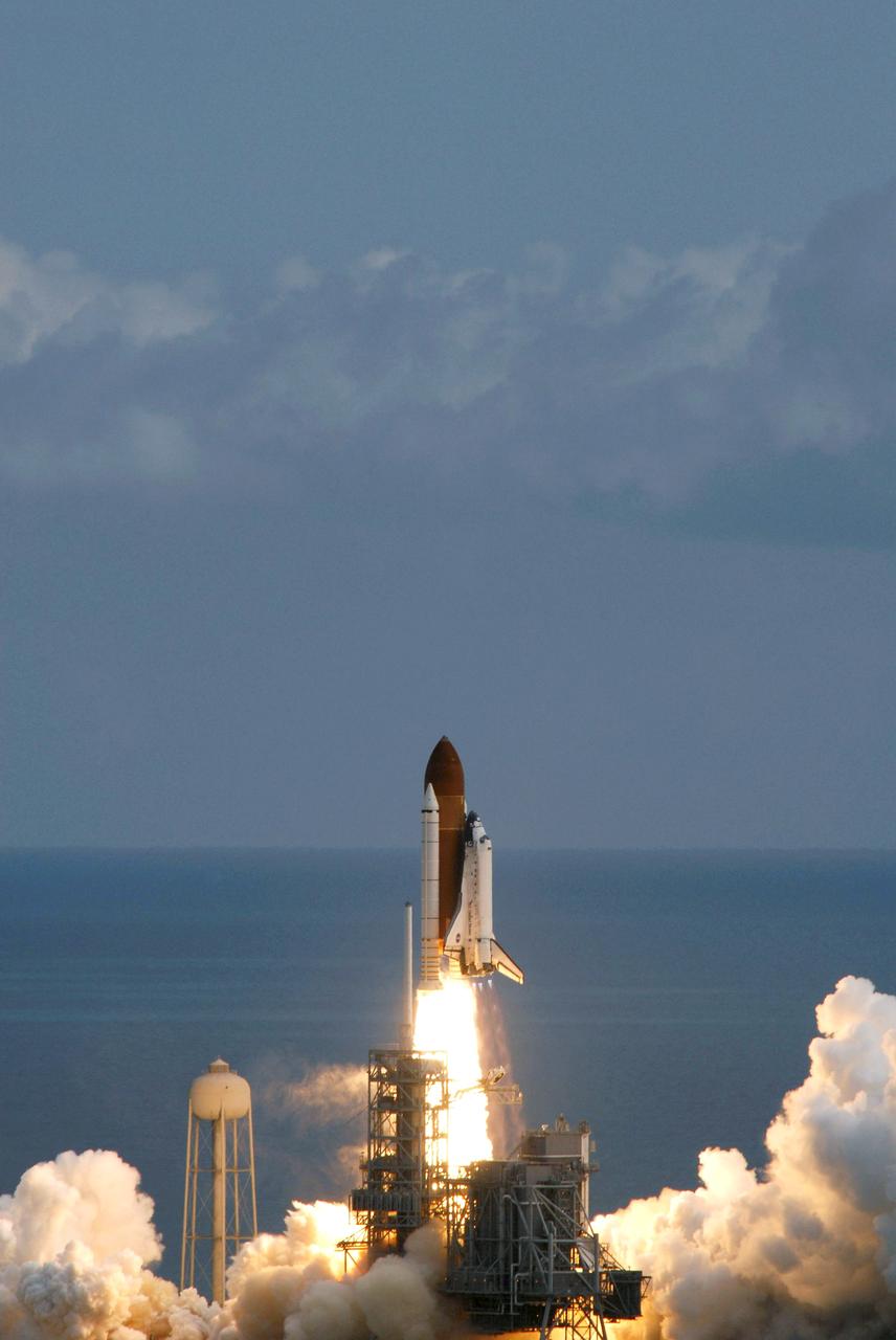 STS120-S-011 (23 Oct. 2007) --- The Space Shuttle Discovery and its seven-member STS-120 crew head toward Earth-orbit and a scheduled link-up with the International Space Station. Liftoff from Kennedy Space Center's launch pad 39A occurred at 11:38:19 a.m. (EDT). Onboard are astronauts Pam Melroy, commander; George Zamka, pilot; Scott Parazynski, Stephanie Wilson, Doug Wheelock, European Space Agency's (ESA) Paolo Nespoli and Daniel Tani, all mission specialists. Discovery will link up with the station on Thursday, Oct. 25, to begin a joint mission to continue construction by delivering the Italian-built U.S. Node 2, called Harmony. During the 14-day mission, the crew will install Harmony and move the P6 solar arrays to their permanent position and deploy them.